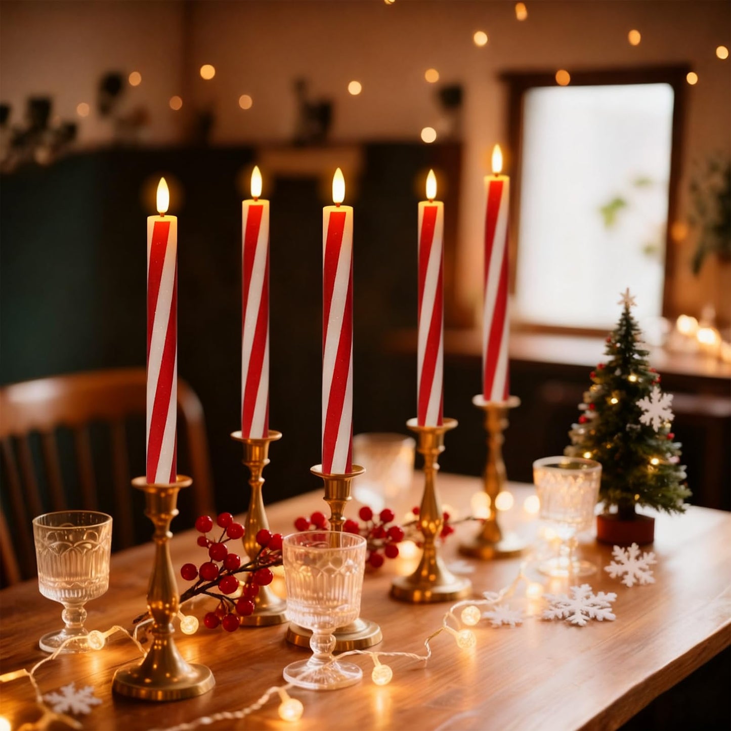 DRomance Christmas Flameless Taper Candles Flickering Battery Operated with Remote Timer, 2 Pack Real Wax 3D Wick LED Taper Candles Candy Cane Decals Holiday Indoor Dinner Decor(0.76" D x 9.65"" H)"