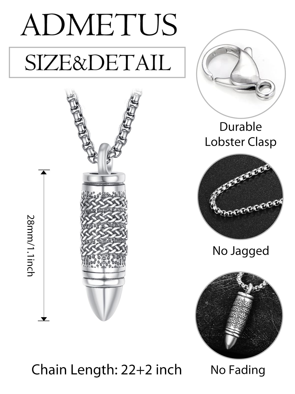Bullet Urn Necklaces for Ashes Sterling Silver Bullet Necklace for Men Keepsake Pendant Cremation Jewelry for Ashes of Loved Ones Memorial Gifts