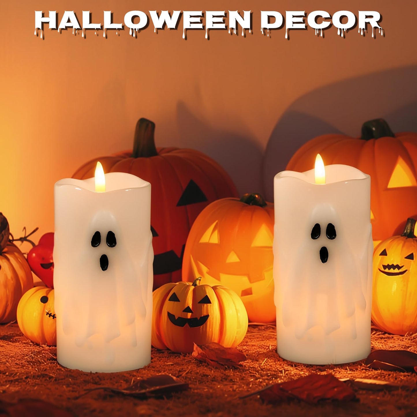Eldnacele Spooky Ghost Halloween Flameless Candles Battery Operated with Remote & Timer Set of 2 LED Flickering Pillar Candles White Real Wax 3D Wick Long Lasting Home Indoor Decor (3" D x 6.5"" H)"