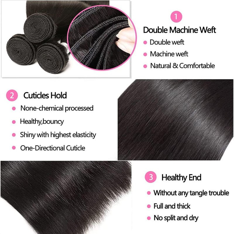 Angie Queen Straight Bundles Human Hair 20 Inch 100% Unprocessed Virgin Hair Extensions Single Bundle 100 Gram(+/-5g) Double Weft Quick Weave Sew In Nature Black Color