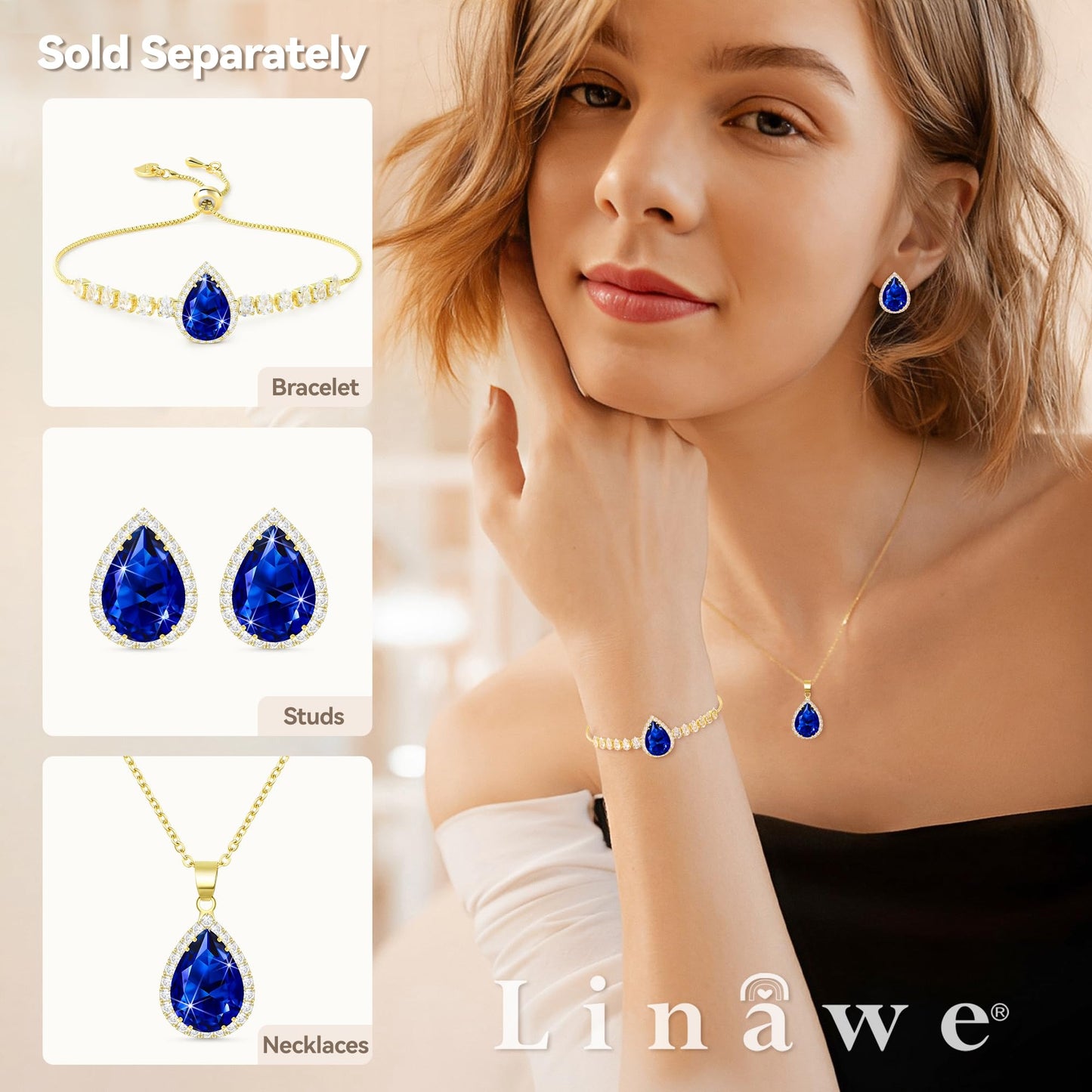 Linawe Sapphire Crystal Navy Blue Imitation Diamond Pendant Necklace for Women Trendy, Dainty Moonstone Moissanite Boho Wedding Bride Preppy Jewelry Set 14K Gold