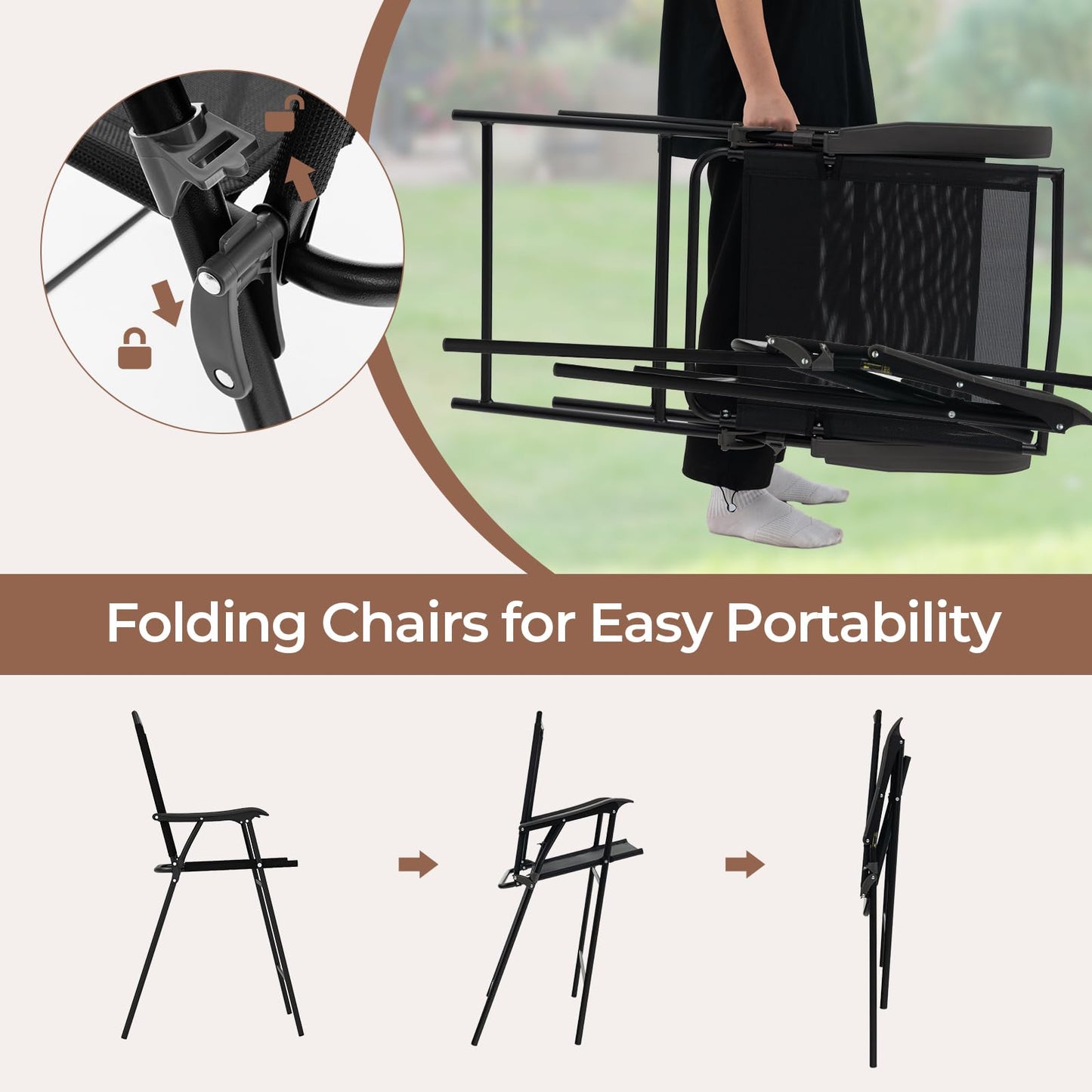 Tangkula 3-Piece Outdoor Bar Set, Counter Height Patio Bistro Furniture Set with DPC Tabletop & Umbrella Hole, Metal Frame Patio Bar Table with 2 Folding Chairs for Poolside, Backyard, Porch, Black