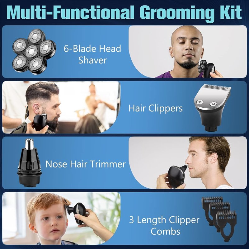 Electric Head Shaver for Bald Men - 6-in-1 Waterproof 6D Wet/Dry Grooming Tool
