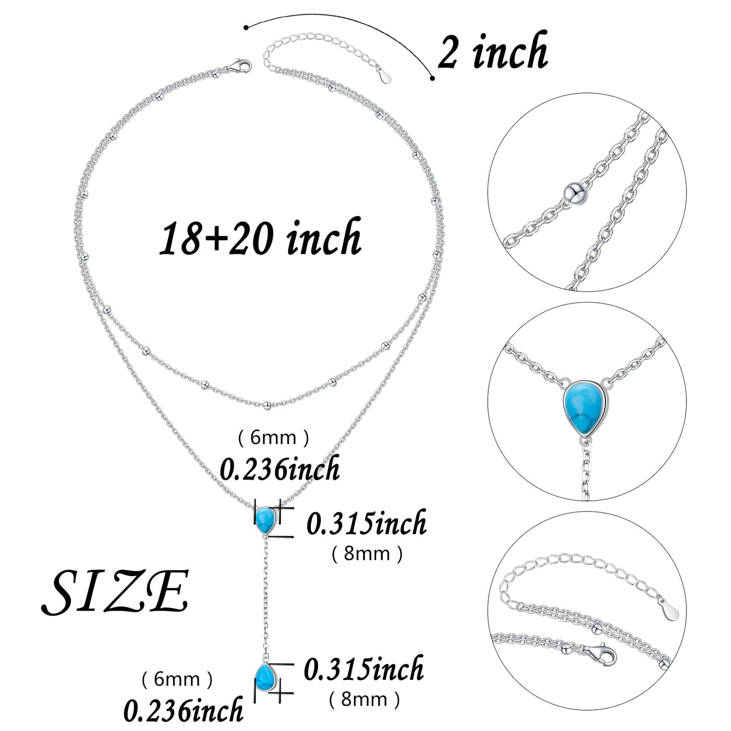FLYOW S925 Sterling Silver Double Layered Necklace Teardrop Created Turquoise Choker Y Lariat Necklace Mothers Day Birthday Gifts for Women Wife Fiancée