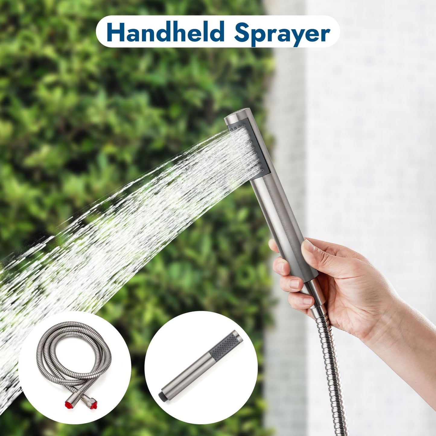 Cinwiny Brushed Nickel Wall Mounted Exposed Shower Fixtures with Hand Held Shower Head Outdoor Shower Kit 2 Cross Handles with Adjustable Slide Bar Dual Function Shower Faucet