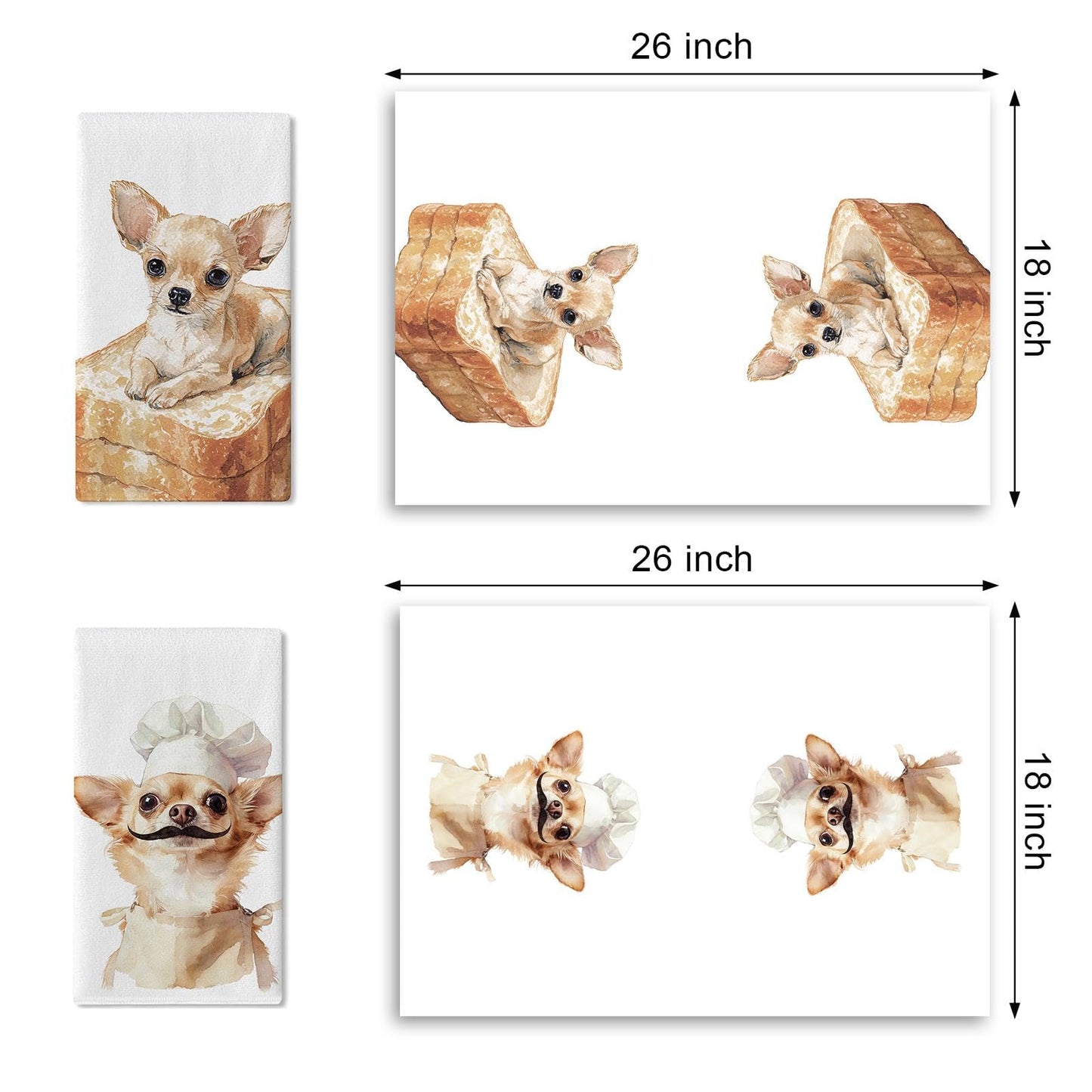 Croar Funny Chef Chihuahua Dog Kitchen Dish Towels Set of 2, Bread Bakery Restaurant Dinner Room Drying Hand Towel Baking Cooking Cloth, Pet Dog Owner Lover Gifts Home Decoration 18'' x 26''