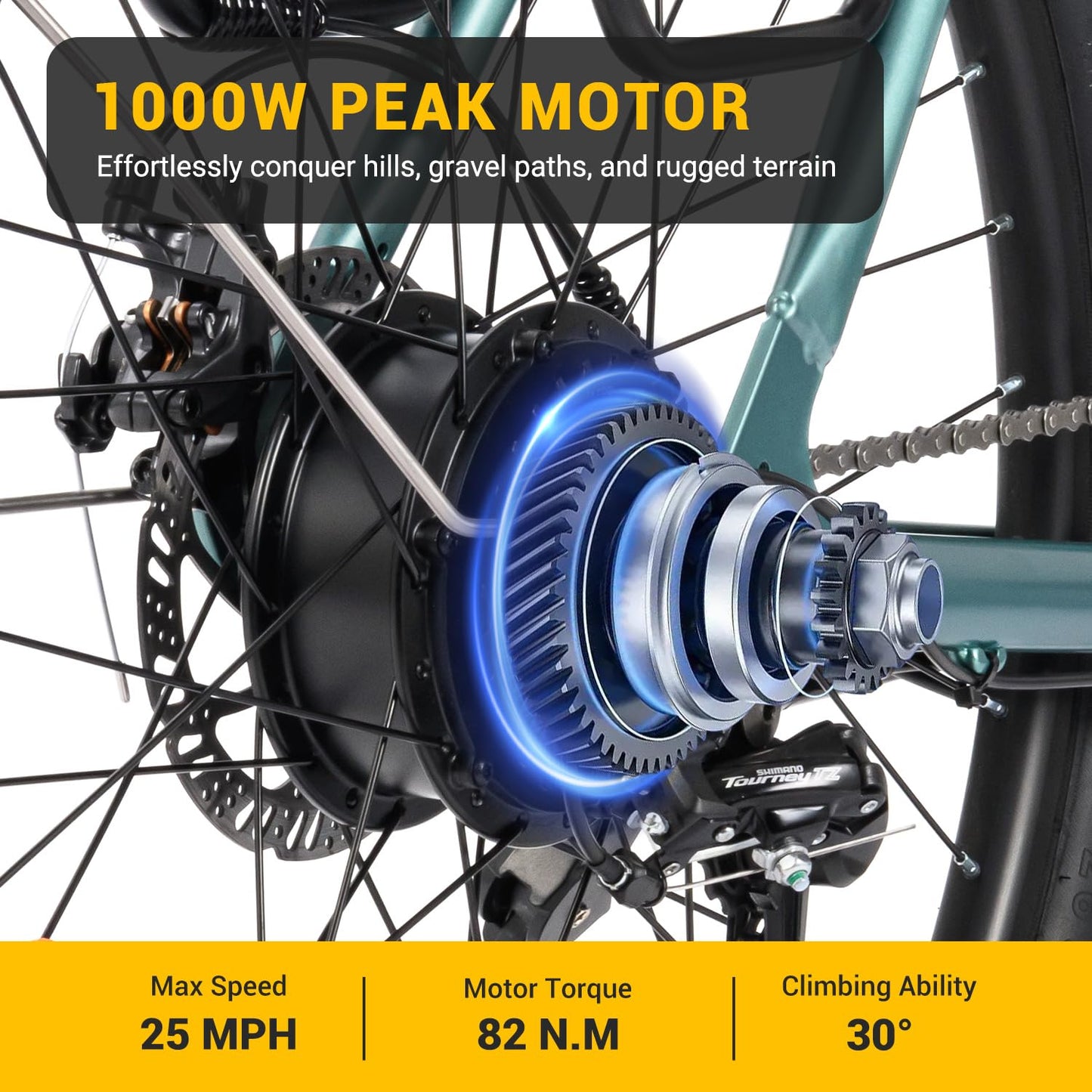 MAXFOOT MF25 Electric Bikes for Adults, 1000W Peak Motor, Up to 70 Miles, 48V 10.4Ah Built-in Battery, 25 MPH Electric Cruiser Bicycle, 26" 7-Speed Ebikes with Suspension Blue
