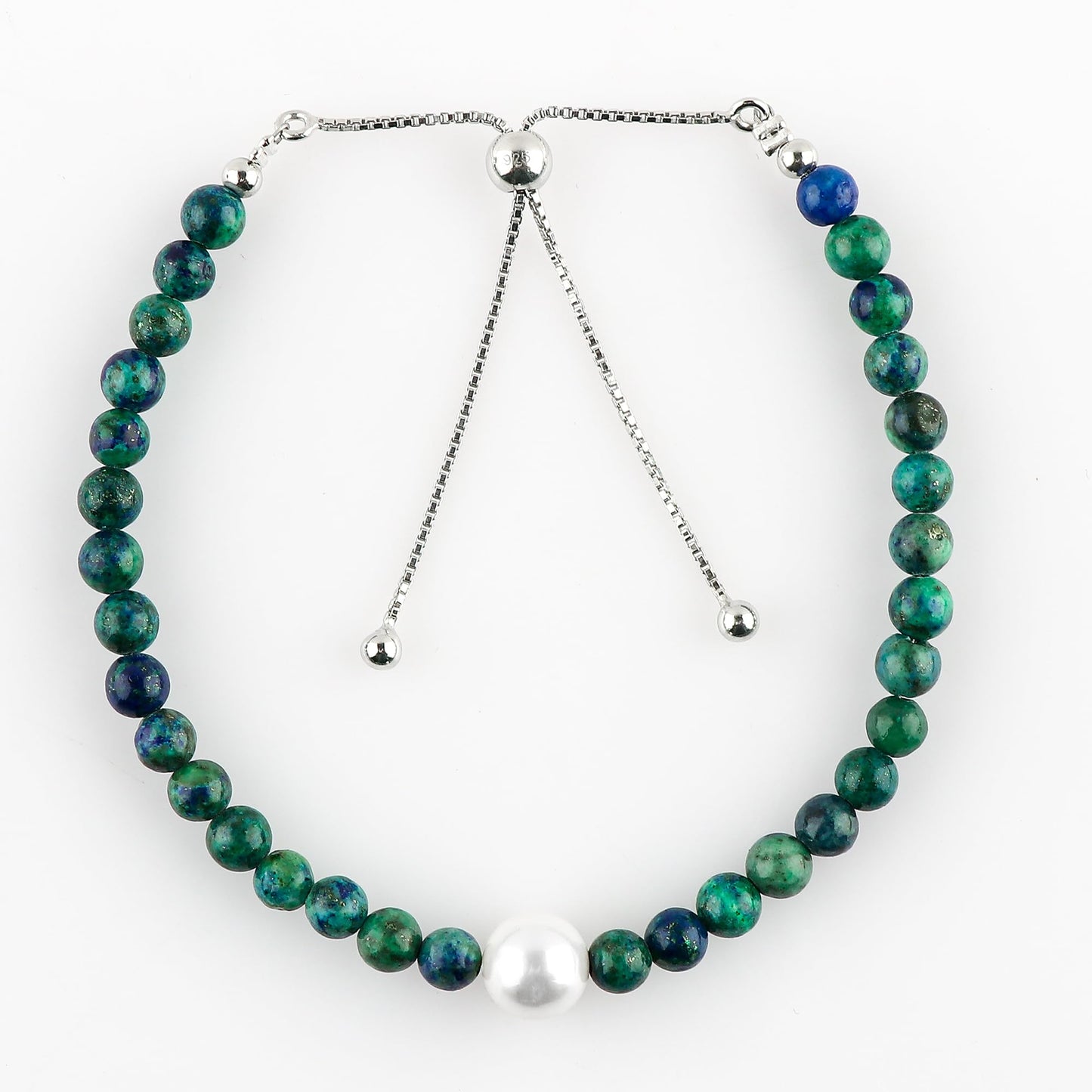 CRYSTALIS Natural Malachite Azurite Beads Slider Bracelet with Elegant Pearl, High Grade Beaded Crystals, Chakra Healing Gemstone, Gift Giving Women Jewelry, 925 Sterling Silver Slider 10 inch