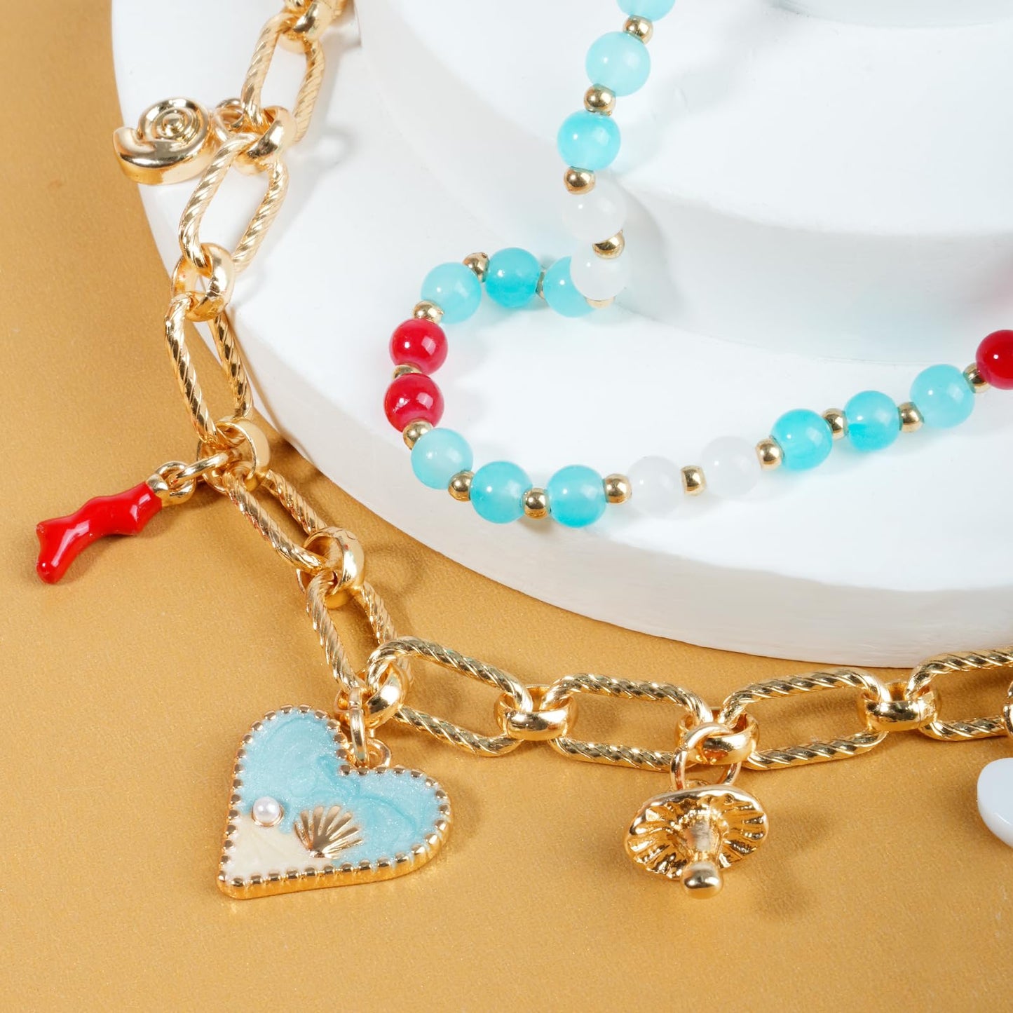 NEKOL Layered Gold Heart Necklaces for Women Western Summer Beach Ocean Vacation Gold Chain Jewelry Accessories Gifts Boho Sea Shell Conch Coral Mushroom Choker Cute Pendant Beaded Necklace Stack
