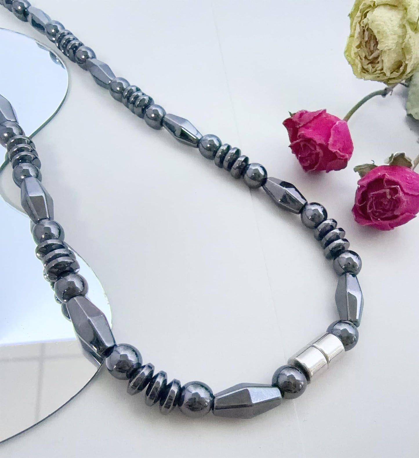 Wzwzmia 5A grade hematite bead magnetic therapy necklace for men and women, healing stone Necklace Jewelry healing stone diamond shape unisex 20"