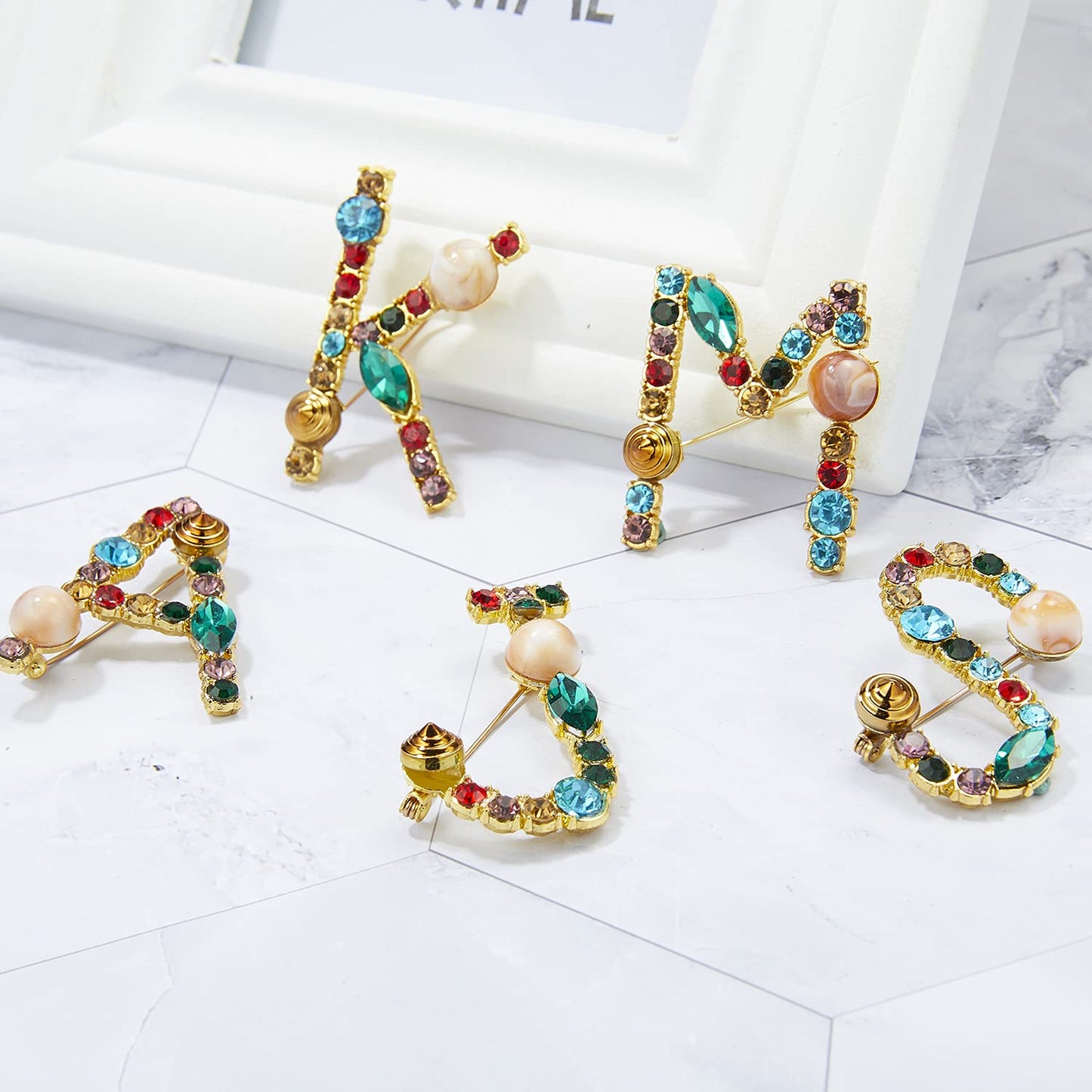 RINHOO Crystal Pearl Initial Brooch Gold Plated Enamel Colorful Letter Alphabet Breastpin Pin Jewelry for GIFTS (Gold A)