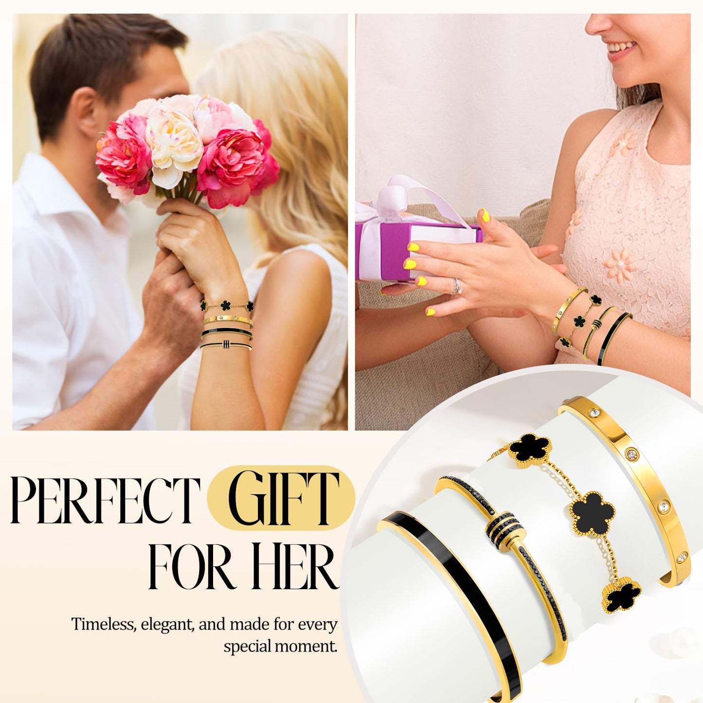 MOINSPIRE 18K Gold Plated Bracelets for Women, Stainless Steel Four Leaf Clover Tennis Nail Love Bangle Bracelets Set, Trendy Stackable Twist Cuff Bracelet Non Tarnish Jewelry Gifts for Christmas