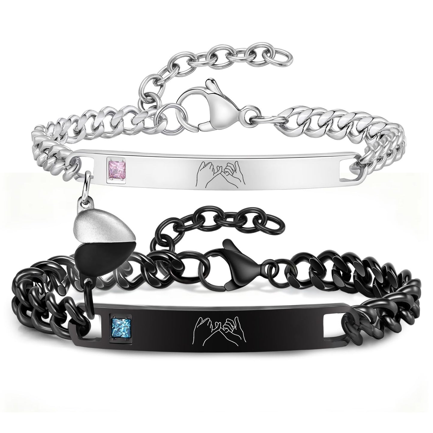 Pinky Promise Couple Bracelets for Men Women : His Hers Stainless Steel Cuban Link Chain Matching Bracelets Set for Boyfriend Girlfriend Husband Wife, Romantic Gifts for Valentines Anniversary
