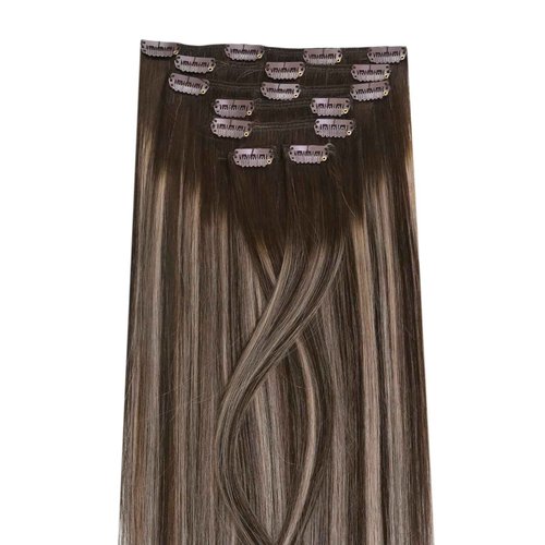 Ugeat Real Hair Extensions Clip in Human Hair 20 Inch Invisible Clip in Hair Extensions Human Hair Ash Brown Balayage Hair Clip Extensions for Women 7Pcs 120G 4/18/4
