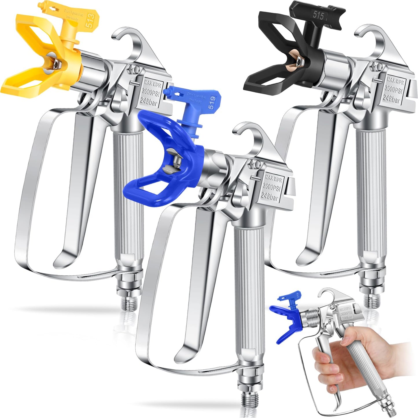 Threlaco 3 Sets 3600PSI Airless Paint Spray Gun with 513/515/519 Tip Swivel Joint High Pressure Airless Paint Sprayer Gun for Pump Sprayer Parts Accessories