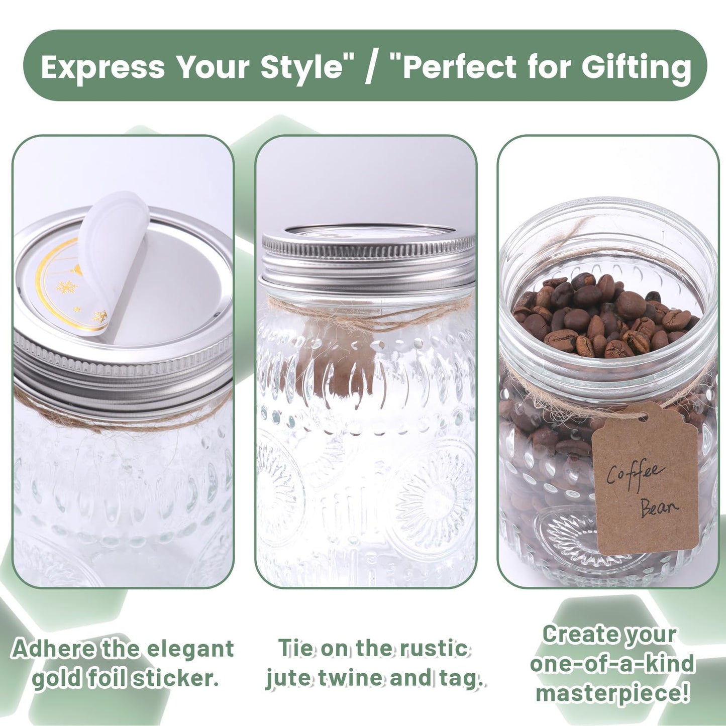 16oz Mason Jars with Airtight Rust-Proof 304 Stainless Steel Lids and Bands, 4 Pack with Elegant Sunflower Embossing, Pint Glass Jars for Meal Prep, Pickling, Overnight Oats, Dry Food & DIY Crafts