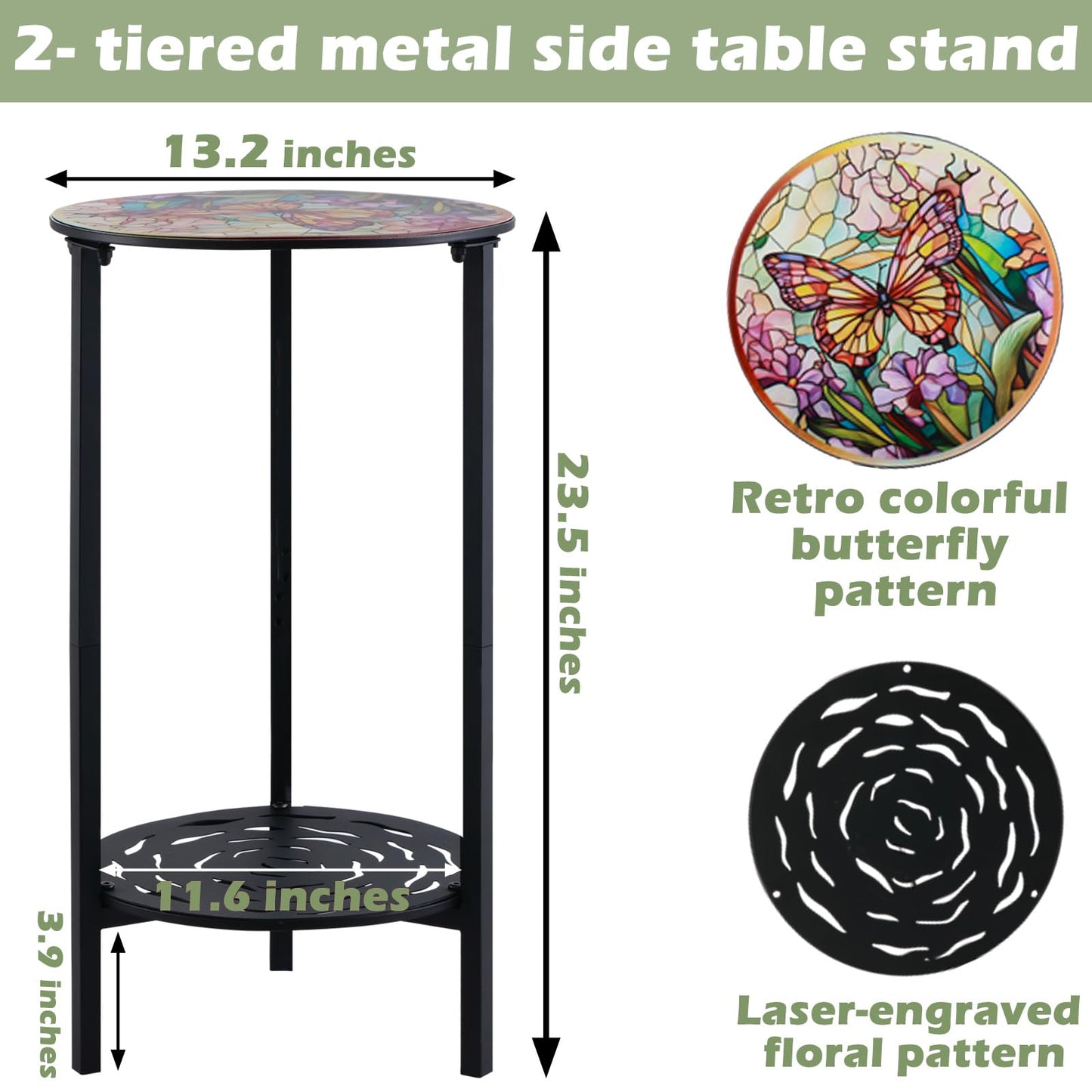 lucpur 2-Tier Metal Round Side Table Black Accent Coffee Tables Small Space Corner Plant Stand Shelf for Indoor Outdoor Use Patio Balcony End Table Butterfly Print Weather-Resistant