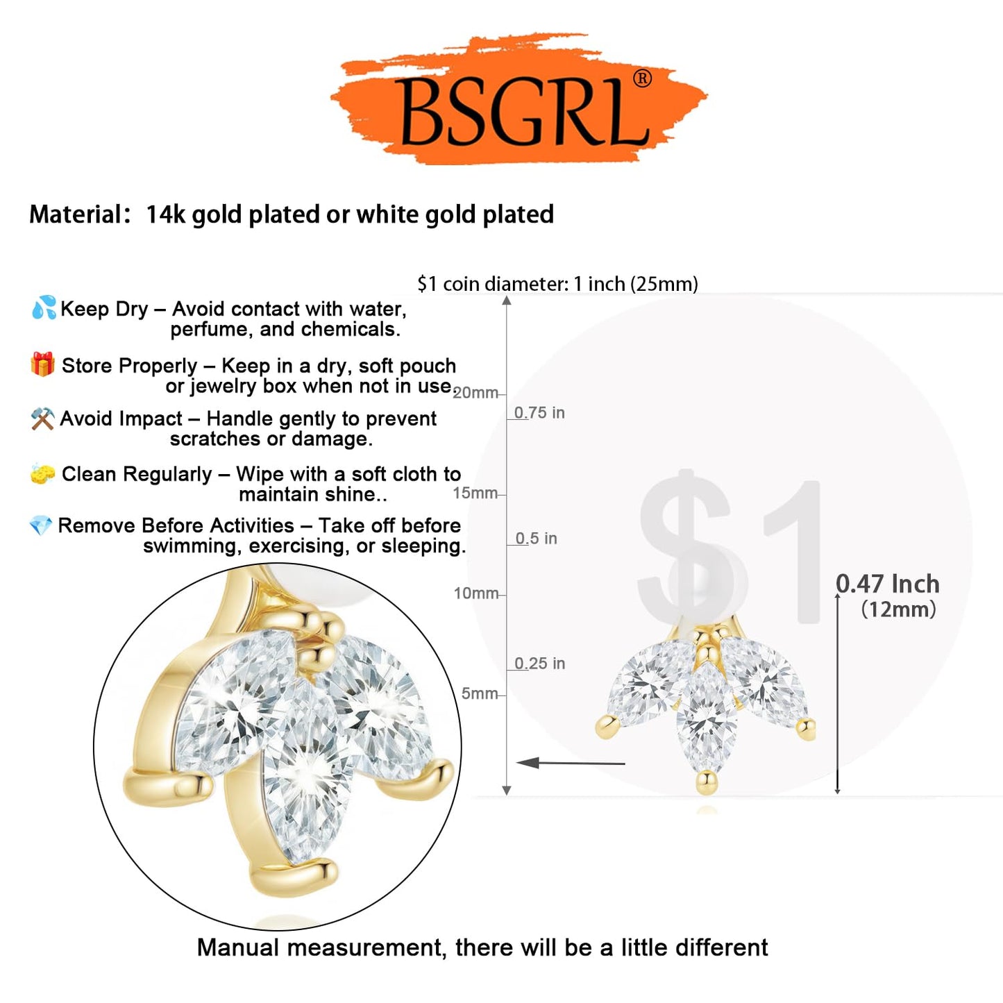 BSGRL Pearl Earrings - 14k Gold Plated 3pcs Marquise Cut Cubic Zirconia Pearl Stud Earrings for Women Wedding Party Bridal