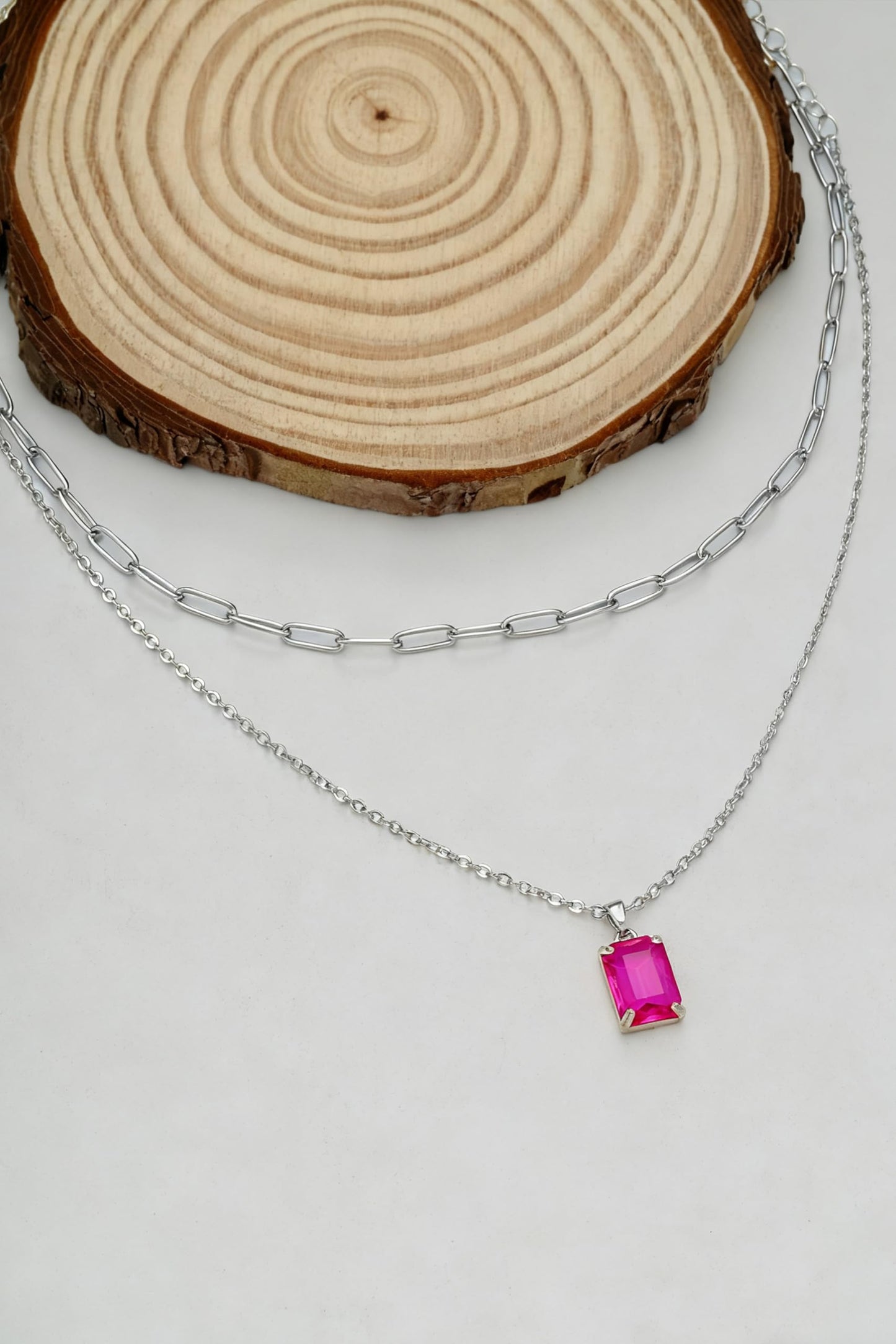 VANGETIMI Hot Pink and Silver Layered Pendant Necklaces for Women Silver Plated Crystal Choker Necklace Paperclip Rhinestone Necklace Party Prom Jewelry