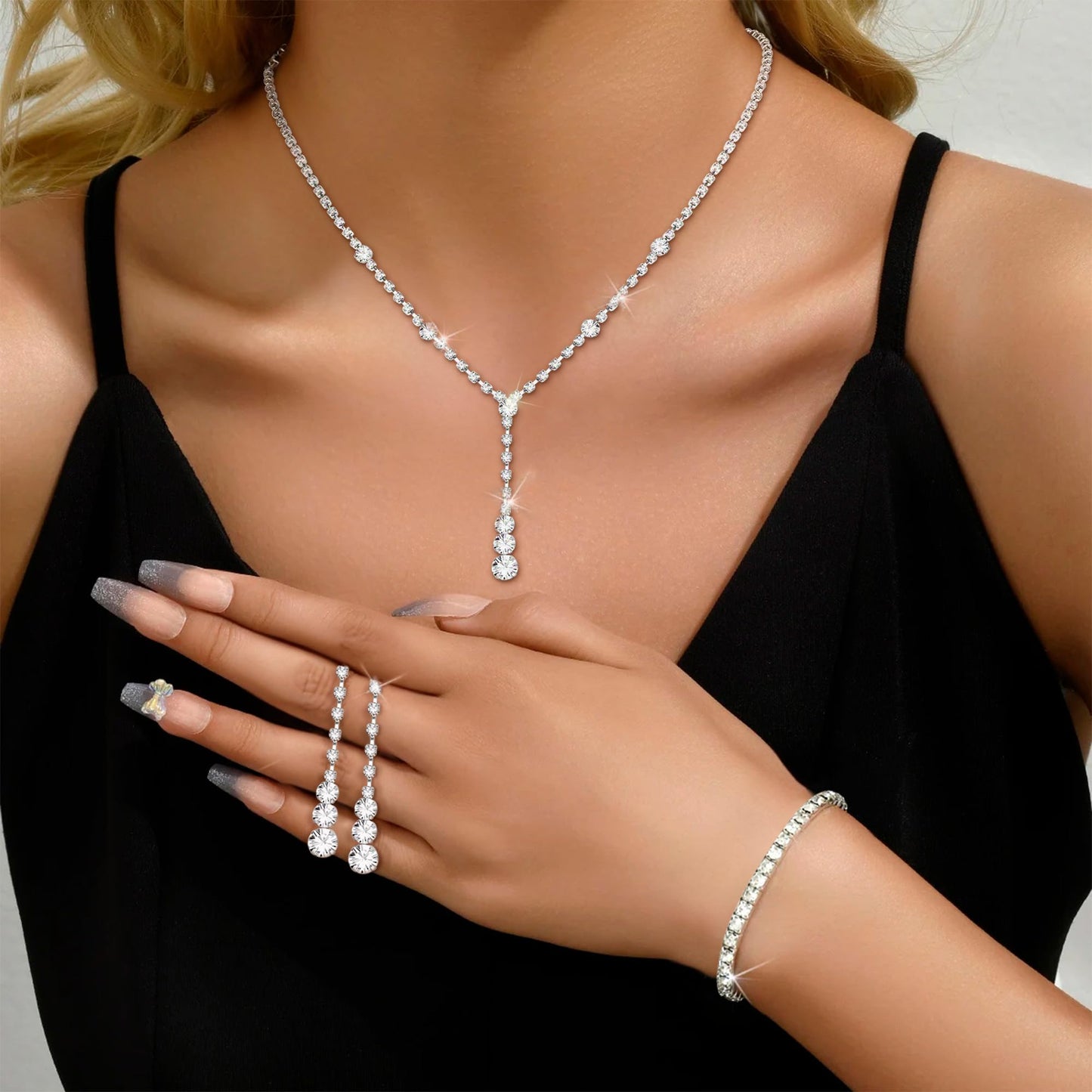 Jstyle 3 Pcs Silver Jewelry Set for Women Wedding Bridal Necklace Earrings Bracelet with Crystal CZ Hypoallergenic Prom Jewelry Set for Bride Bridesmaid Party Birthday Accessories Style 4