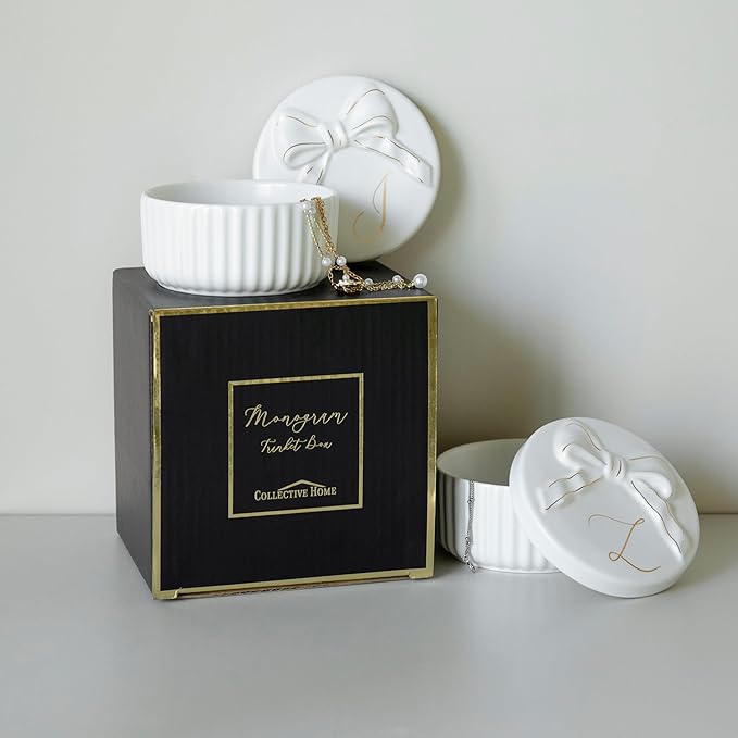 COLLECTIVE HOME - Monogram Jewelry Box with Bow, Christmas Gift Ideas for Women, Small Gift for Girlfriend Wife, Ring Holder, Earrings Dish, Birthday Gift for Her (G)
