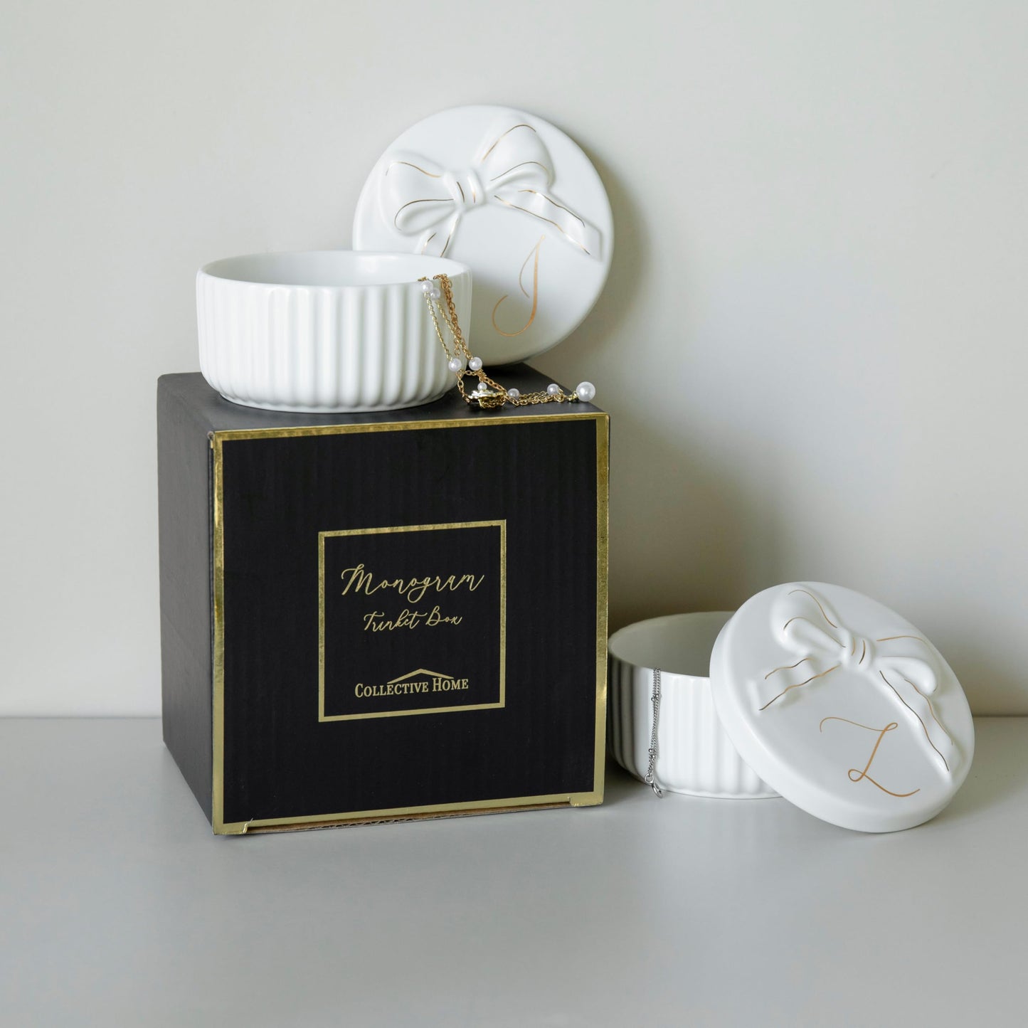 COLLECTIVE HOME Monogram Initial Jewelry Box with Bow - Elegant Ring Holder & Earring Dish | Christmas Gift Idea for Women, Unique Birthday Present for Her (M)