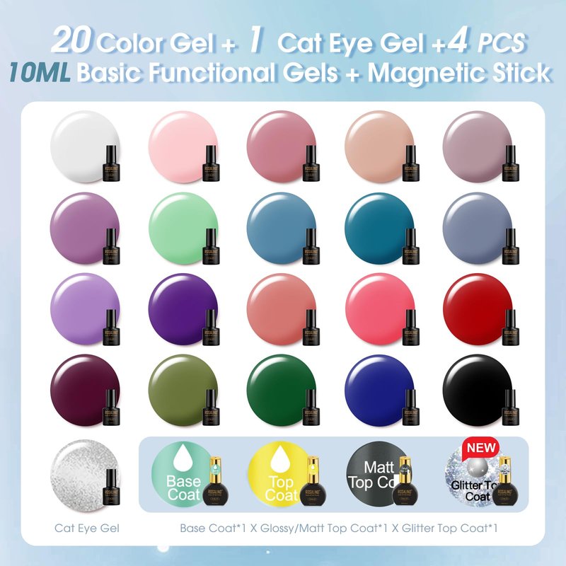 ROSALIND 30PCS Gel Nail Polish Set with Base Glossy Matte and Glitter Top Coat Gel Polish, Orange Green Fall Winter Gel Nail Set Soak Off Gel Polish Set