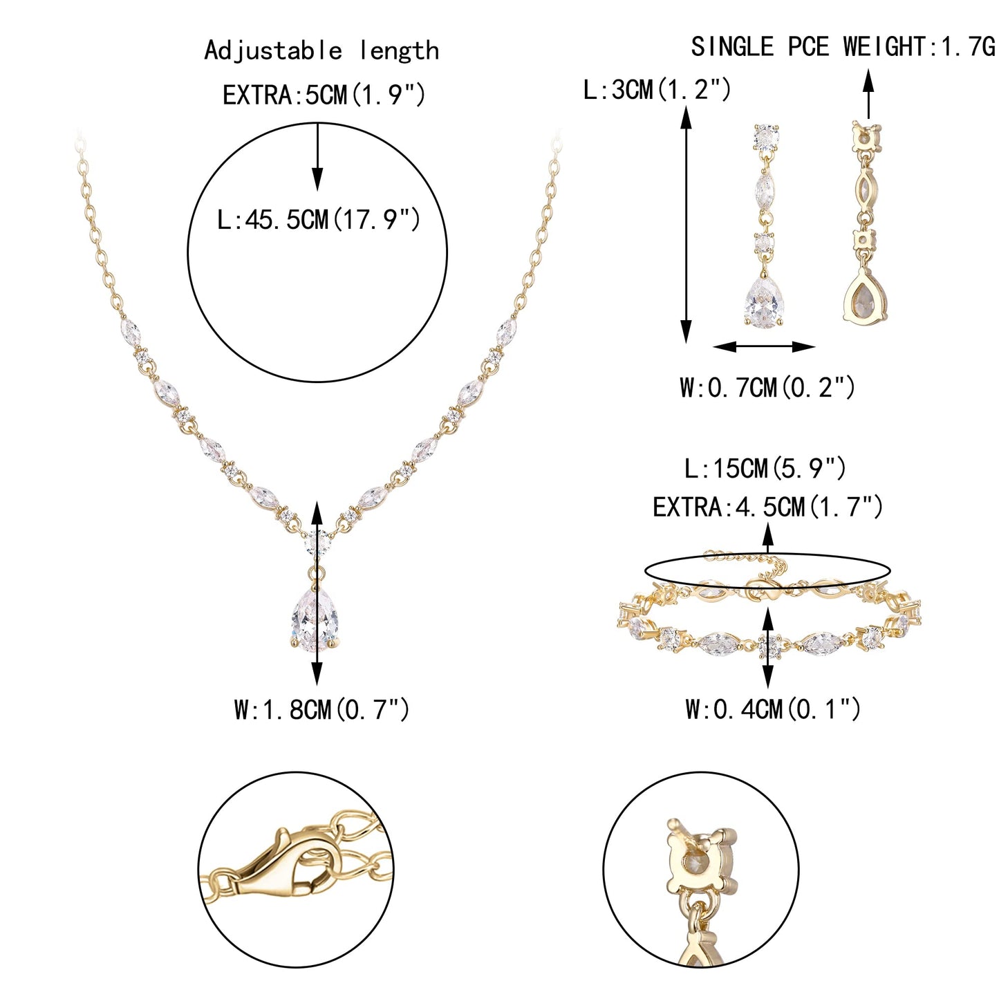 EVER FAITH Teardrop Cubic Zirconia Bridal Jewelry Sets for Bride Bridesmaid, Sparkly CZ Elegant Pendant Necklace Dangle Earrings Bracelet Set for Women Clear 14K Gold-Plated-Brass