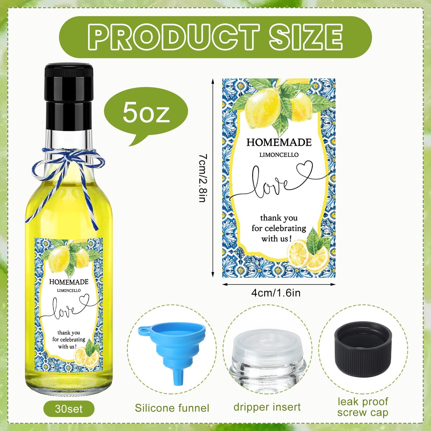 Reallnaive 30 Sets 5 oz Mini Limoncello Glass Bottles with Italian Lemon Stickers Lids and Funnel Capri Lemon Party Favors for Homemade Brewing Beverages Amalfi Coast Wedding Holiday DIY Craft