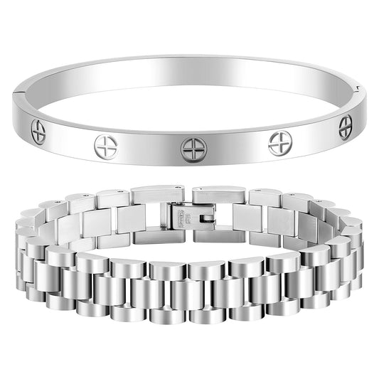 18K Gold Plated Stackable Love Bangle Bracelets for Women,Silver Chain Link Watch Bracelet,Non-Tarnish Jewelry with Adjustable Tool.(2pcs-B Silver)
