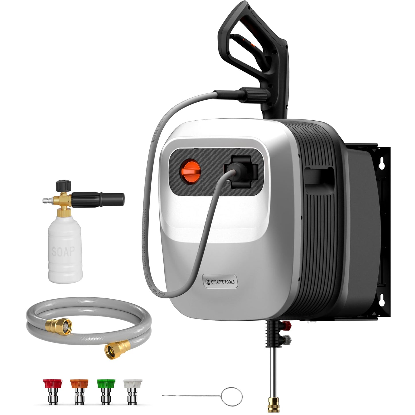 Giraffe Tools Grandfalls Retractable Pressure Washer G20, 2500 PSI 2.2 GPM, Wall Mounted with 65FT Hose Reel, 4 Nozzles for Floor/Cars/Fences/Patios, Light Silver Case with Grey Pressure Hoses