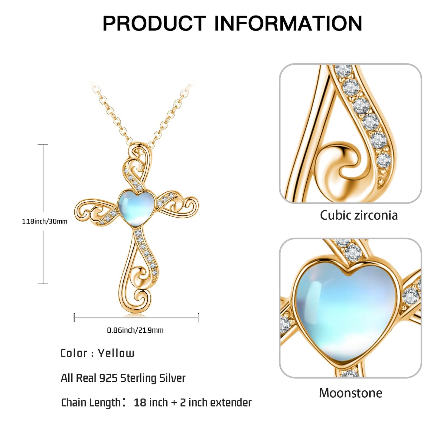 Twoowl 14K Gold Plated Cross Necklace 925 Sterling Silver Moonstone Christian Pendant Religious Cross Jewelry Gifts for Mom Women