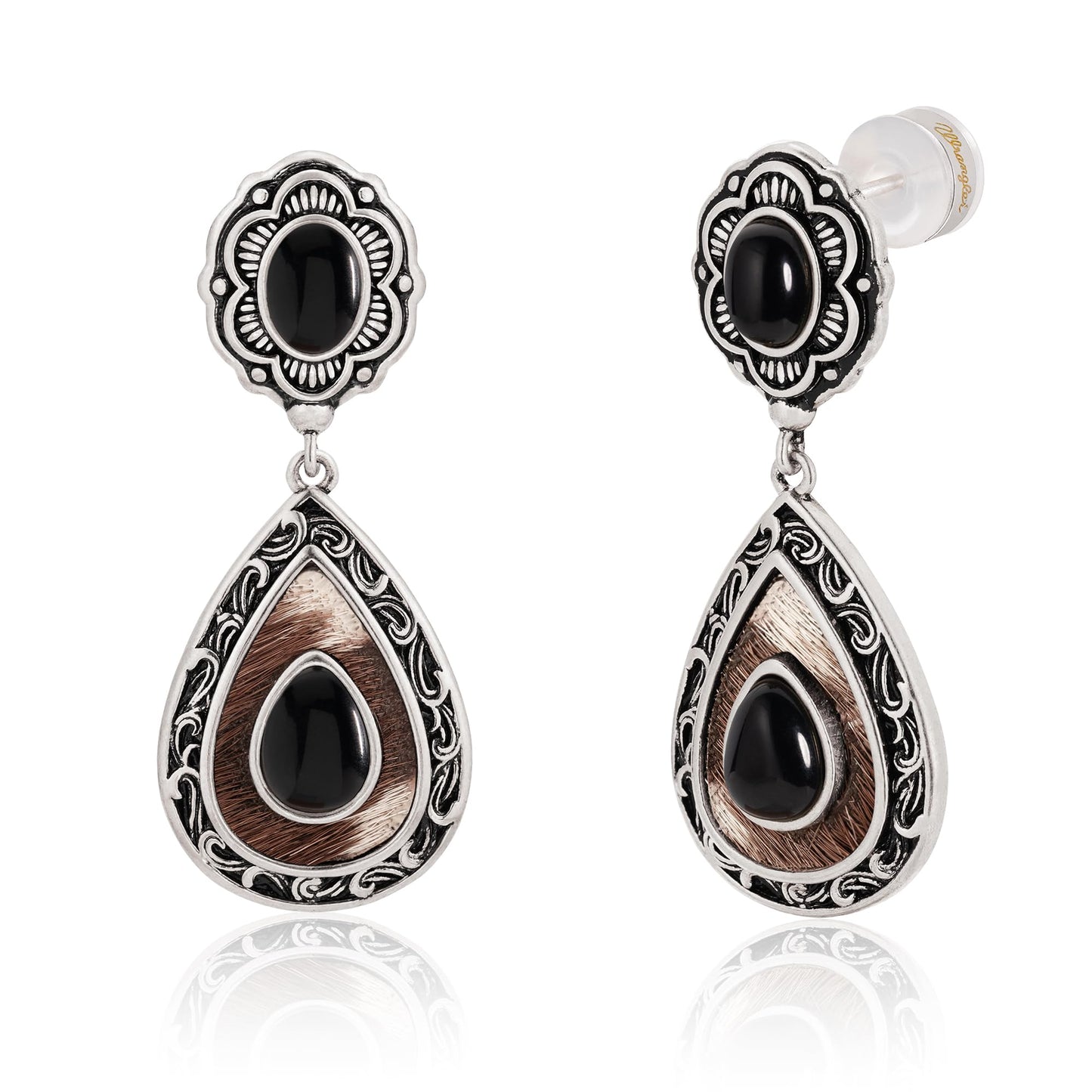 Wrangler Western TearDrop Dangle Earrings for Women Country Statement Genuine Horsehair Turquoise Vintage Cowgirl Cowboy Jewelry (Silver-Black)