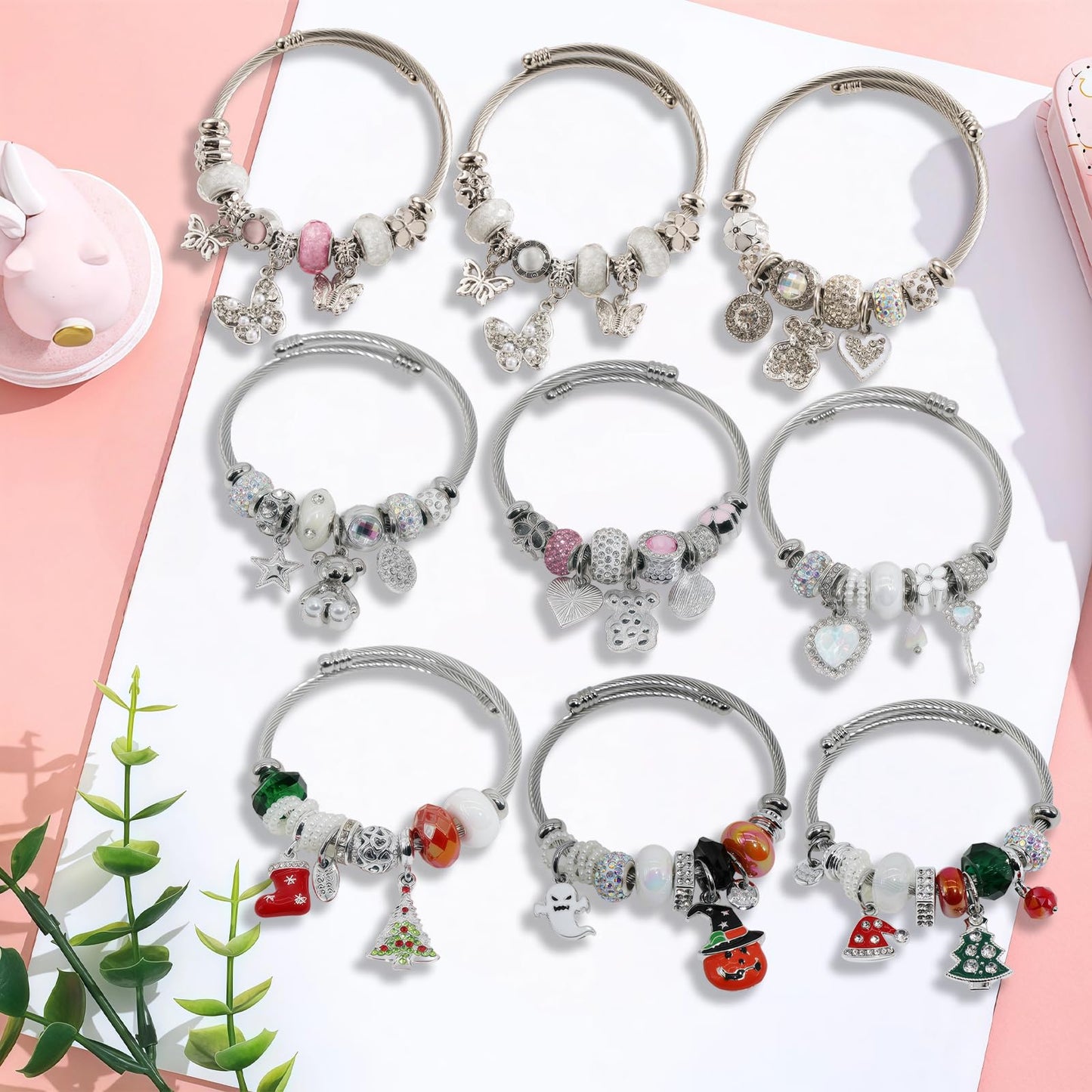 IUULOB Silver Women Bracelets - Adjustable Charm Bracelets for Women Birthday Gifts Favors Titanium Steel Bracelet Bundle Jewelry Kit (A: Bear - Love)