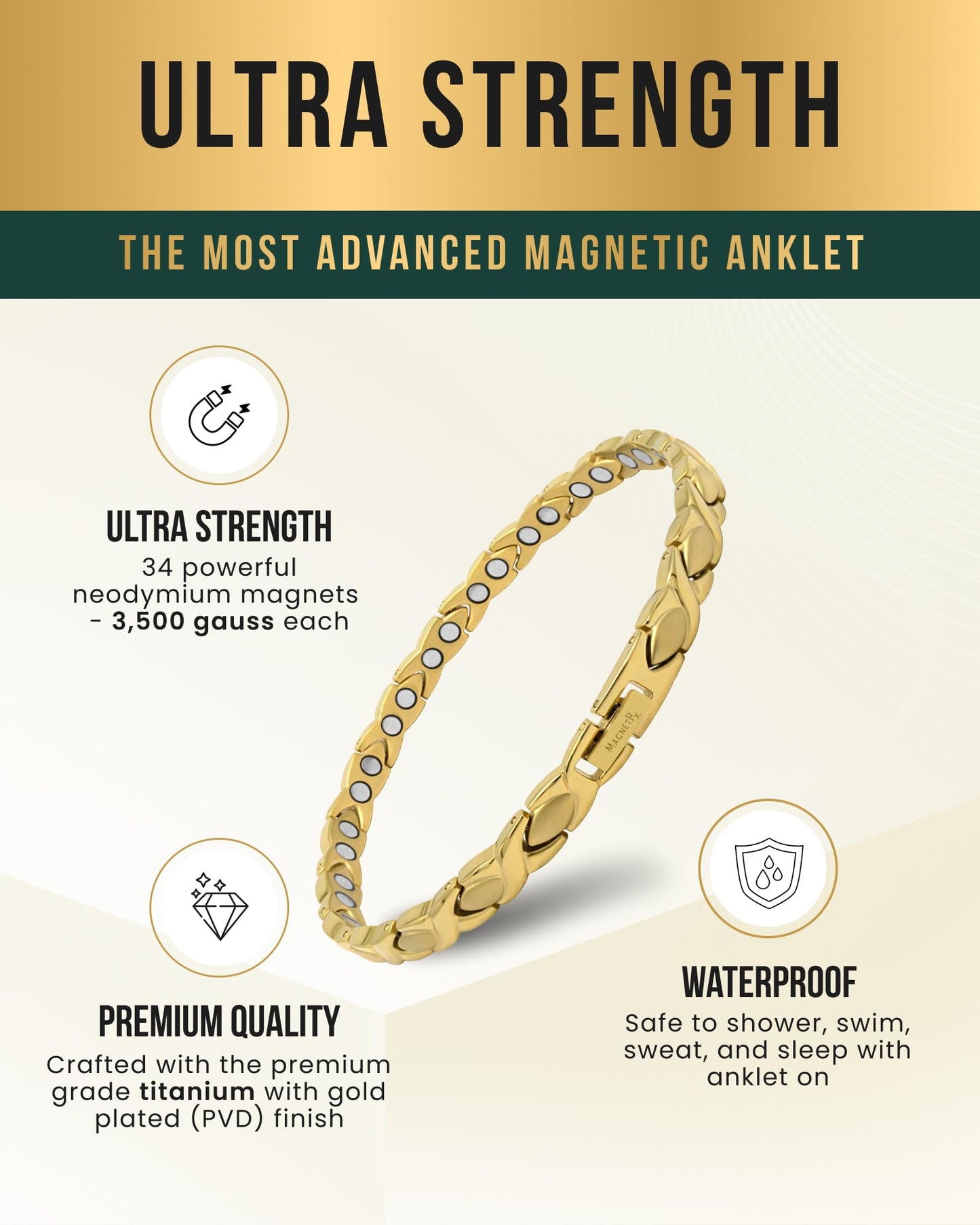 MagnetRX Womens Magnetic Ankle Bracelet – Ultra Strength Magnetic Anklets with 34 Magnets – Titanium Ankle Bracelets for Women (Gold)