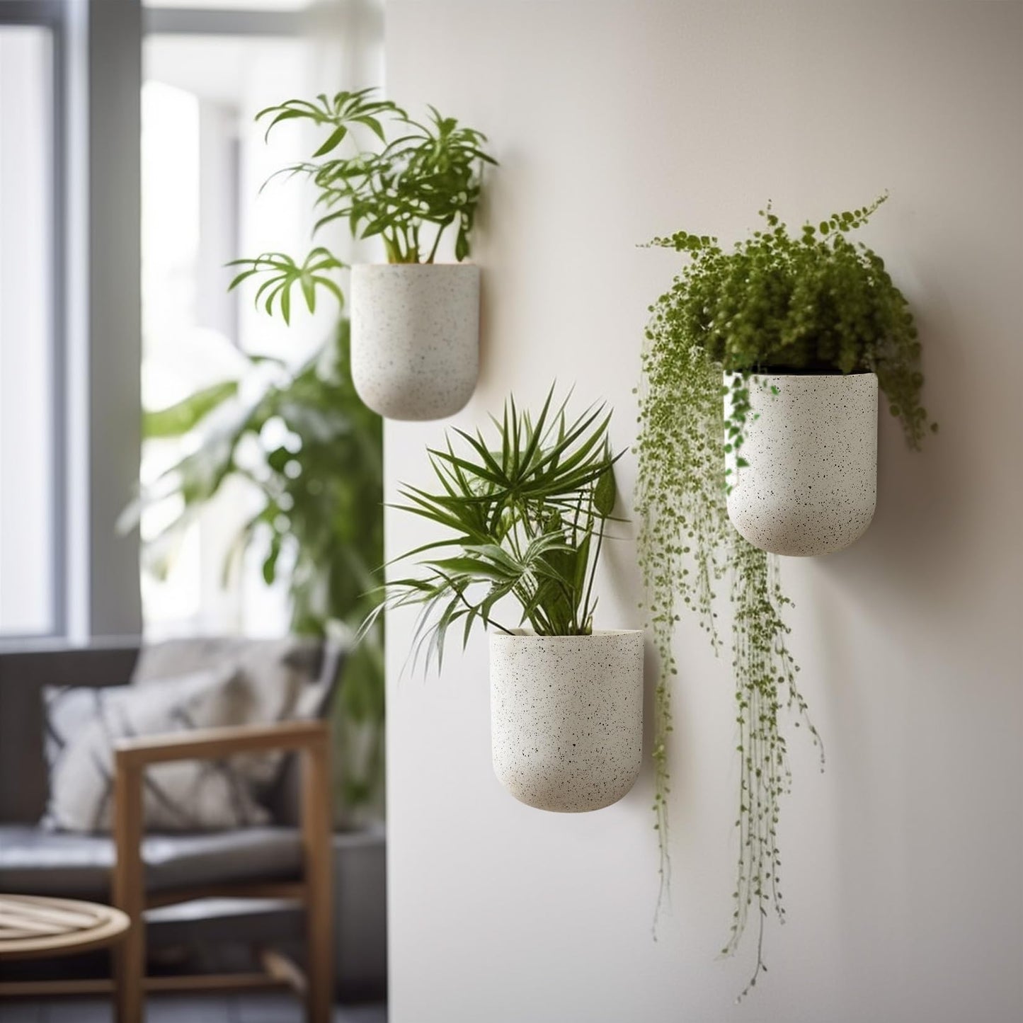 LA Jolie Muse Wall Hanging Planters for Indoor Plants，Hanging Flower Pots for Air Plants Succulent, Set of 2, 5.7L*4.1W*7H, Speckled White