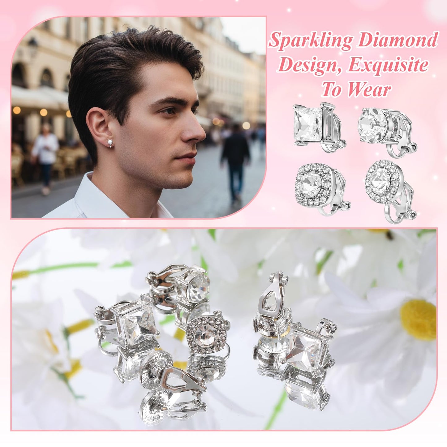 4 Pairs Cubic Zirconia Clip on Earrings, Cubic Zirconia Stud Earrings for Women Mens Stainless Steel Stud Earring in Square, Round & Teardrop Shapes CZ Stud Earring Set for Women