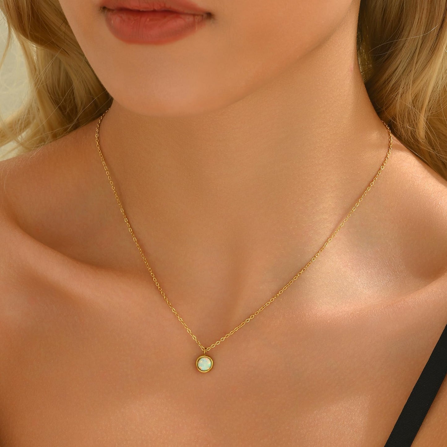 NONAMOIS 18K Gold Plated White Opal Pendant Necklace for Women Stainless Steel Dainty Gold Created Opal Choker Necklace Trendy Non Tarnish Jewelry