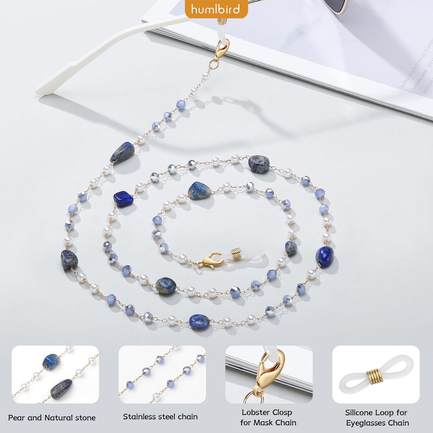 humlbird Glasses Chain for Women Stylish Glasses Necklace Sunglasses Chain Mask Lanyard Natural Crystal Mask Chain Eye Glasses Holder Strap Dark Blue