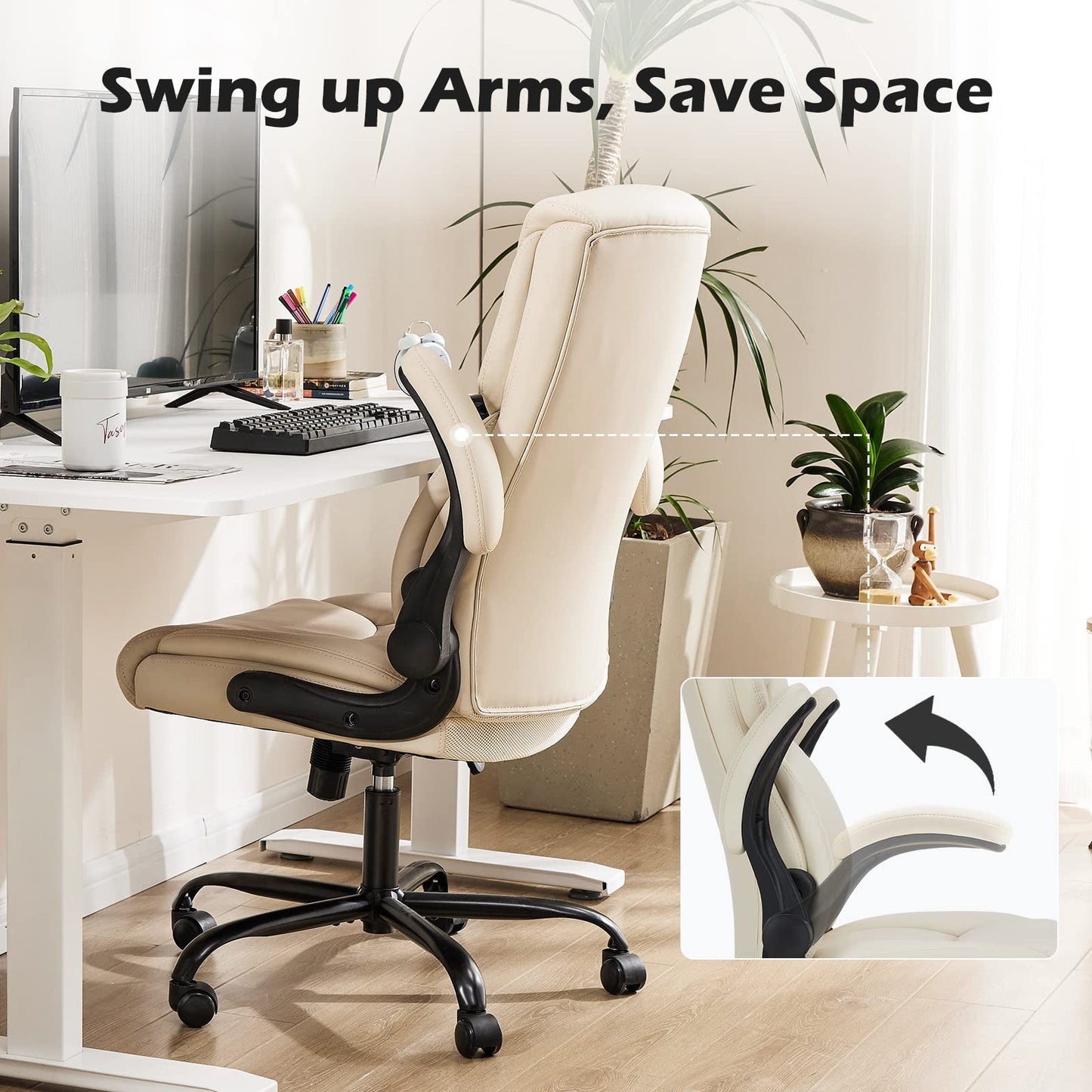 Office Chair - Ergonomic Executive Computer Desk Chairs with Adjustable Flip-up Armrest, Swivel Task Chair with Lumbar Support, Strong Metal Base, PU Leather, White