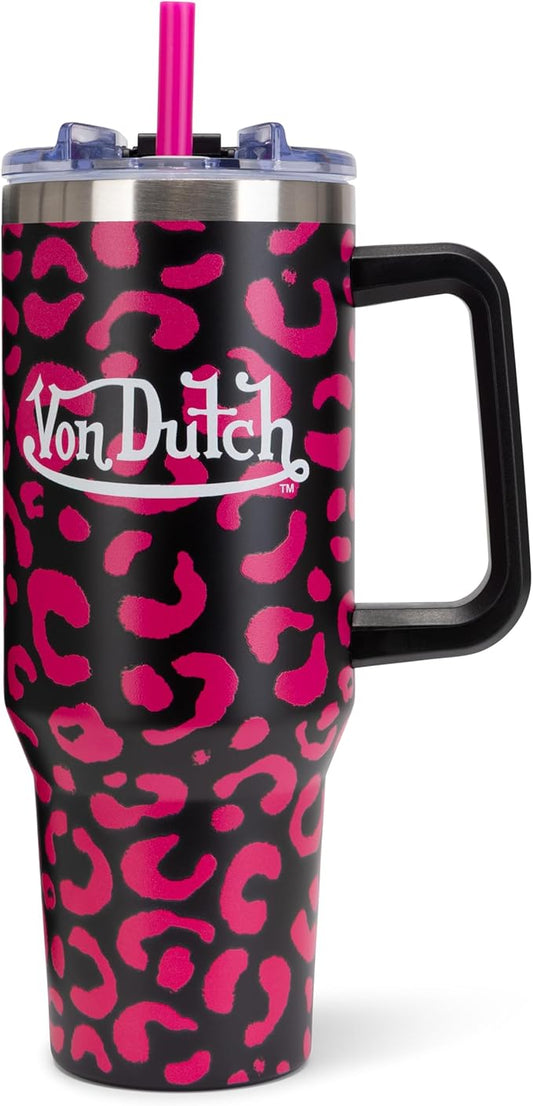 Von Dutch Hot Pink Cheetah 40oz Double Walled Insulated Food Grade Stainless Steel Tumbler, BPA Free - 24 Hours Cold / 10 Hours Hot