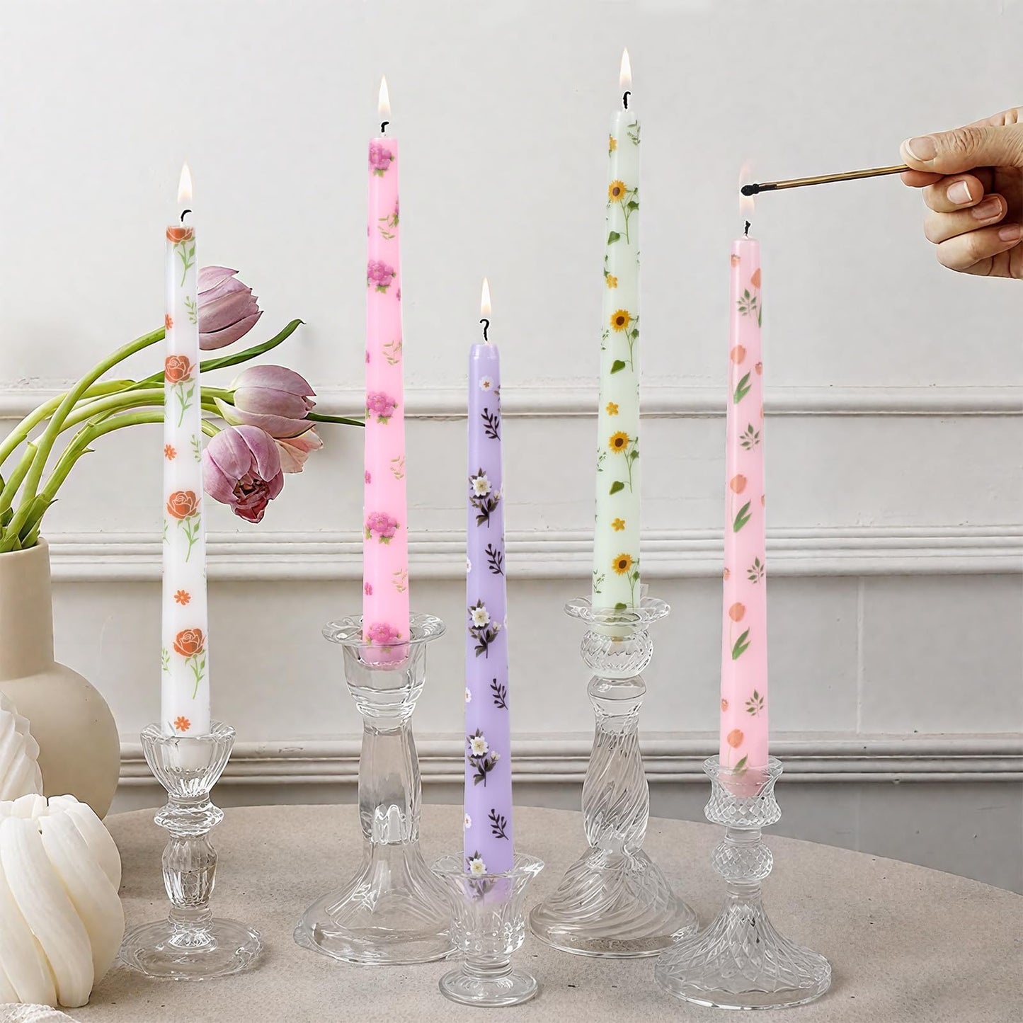 Taper Candles,10 inch 2pc Pink Tapered Candles with Tulip Printed, Unscented and Smokeless Long Burning Candles,Tall Candlesticks with Cotton Wicks,Ideal for Weddings, Home Décor
