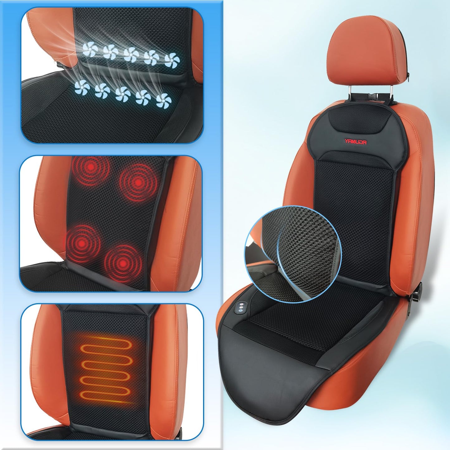 YAMUDA Driver's Side Four Seasons General Motors Multi functional Seat Cover, Car Seat Cooler Seat Cover with 20-Fan Ventilation + 4-Point Massage (1 Piece, Black Suede Leather）