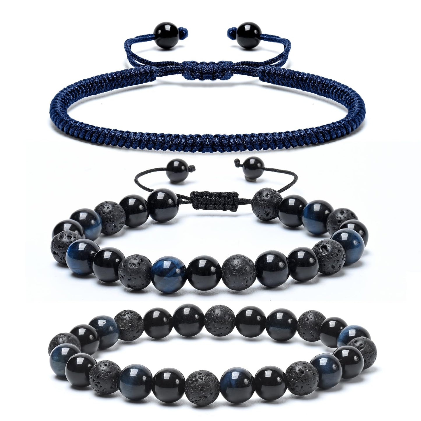 SAMXY Men Bead Bracelet - 8mm Blue Tiger Eye Black Obsidian & Lava Stone Beads - Natural Onyx & Crystal Healing Stones - Handmade Adjustable Protection Bracelet- Spiritual Jewelry Gift for Women men
