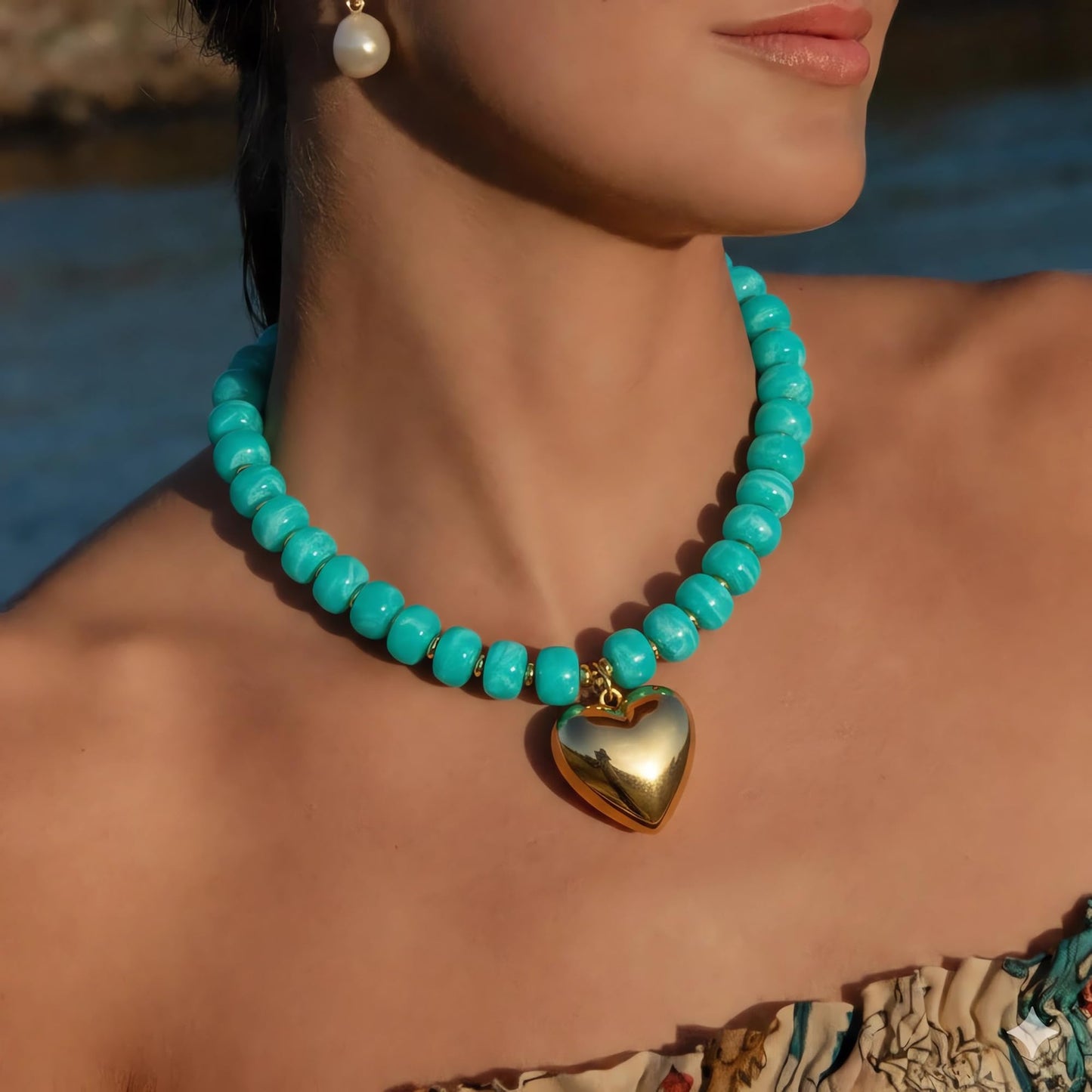 ENSKEFEN Heart Necklace for Women Boho Lake Blue Resin Beaded Choker Gold Heart Pendant Necklaces Fashion Chunky Statement Necklace Acrylic Jewelry