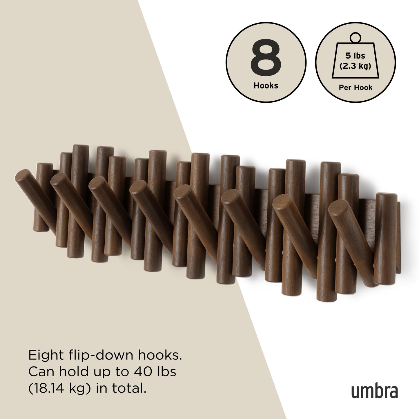 Umbra Picket Coat Rack with 8 Hooks – Walnut Wall-Mounted Coat Rack with Flip-Down Wooden Hooks, Real Pine Wood Decorative Wall Storage for Jackets, Hats, Scarves, Bags, Entryway, Bedroom Living Room