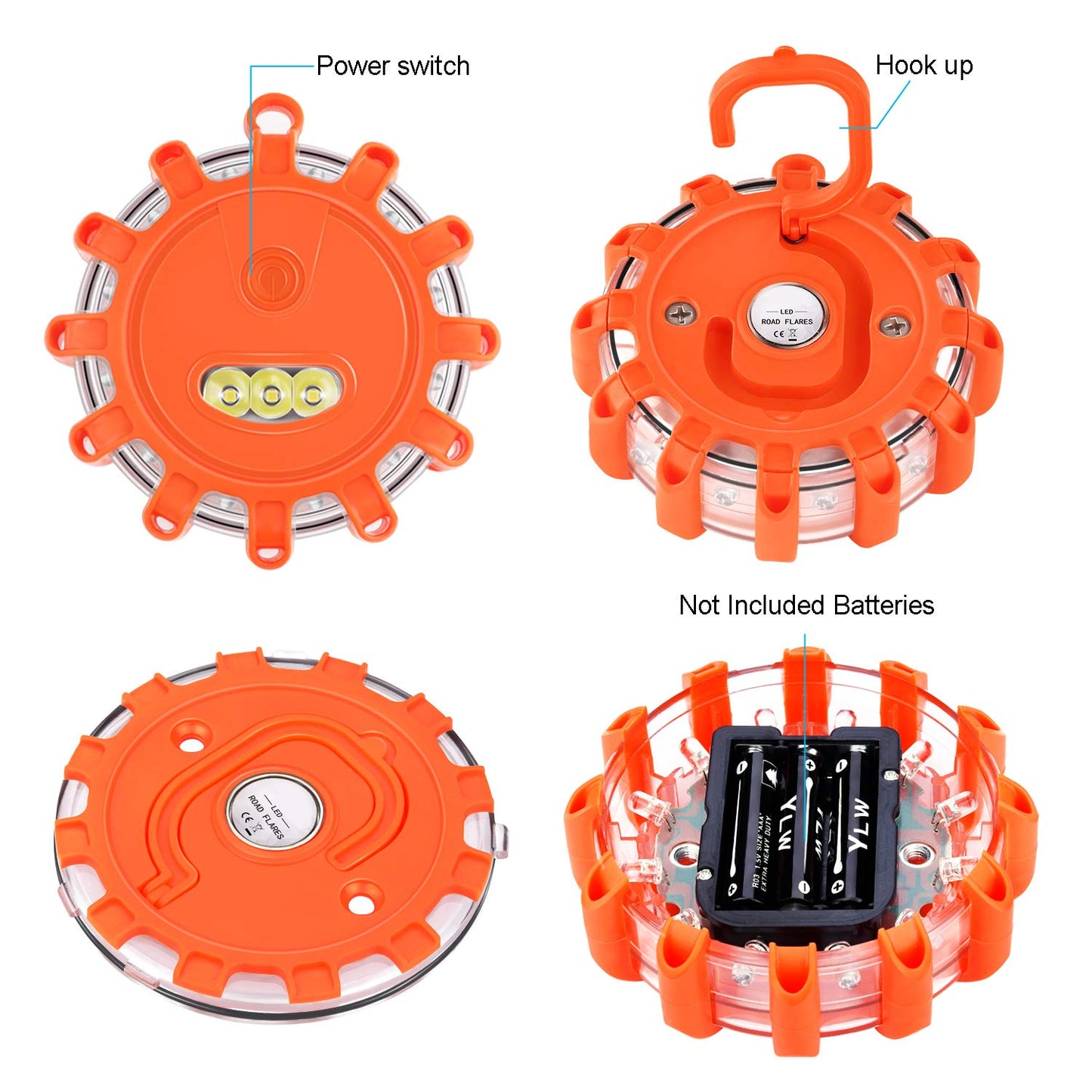 AK [4 Pack LED Road Flares Safety Flashing Warning Light Roadside Emergency Disc Beacon Kit for Vehicles Boats with Magnetic Base & Hook, Premium Storage Bag (Batteries Not Included) (4)