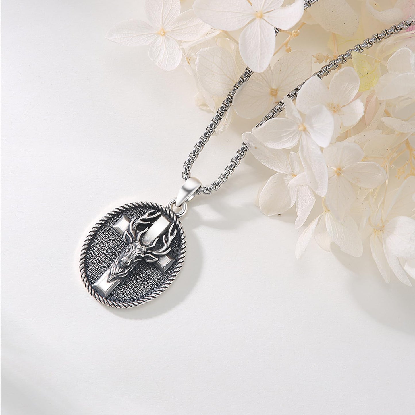 YEESIA Cross Necklace for Men 925 Sterling Silver Elk Antler Necklace Deer Cross Pendant Christian Protect Jewelry Birthday Gifts for Husband