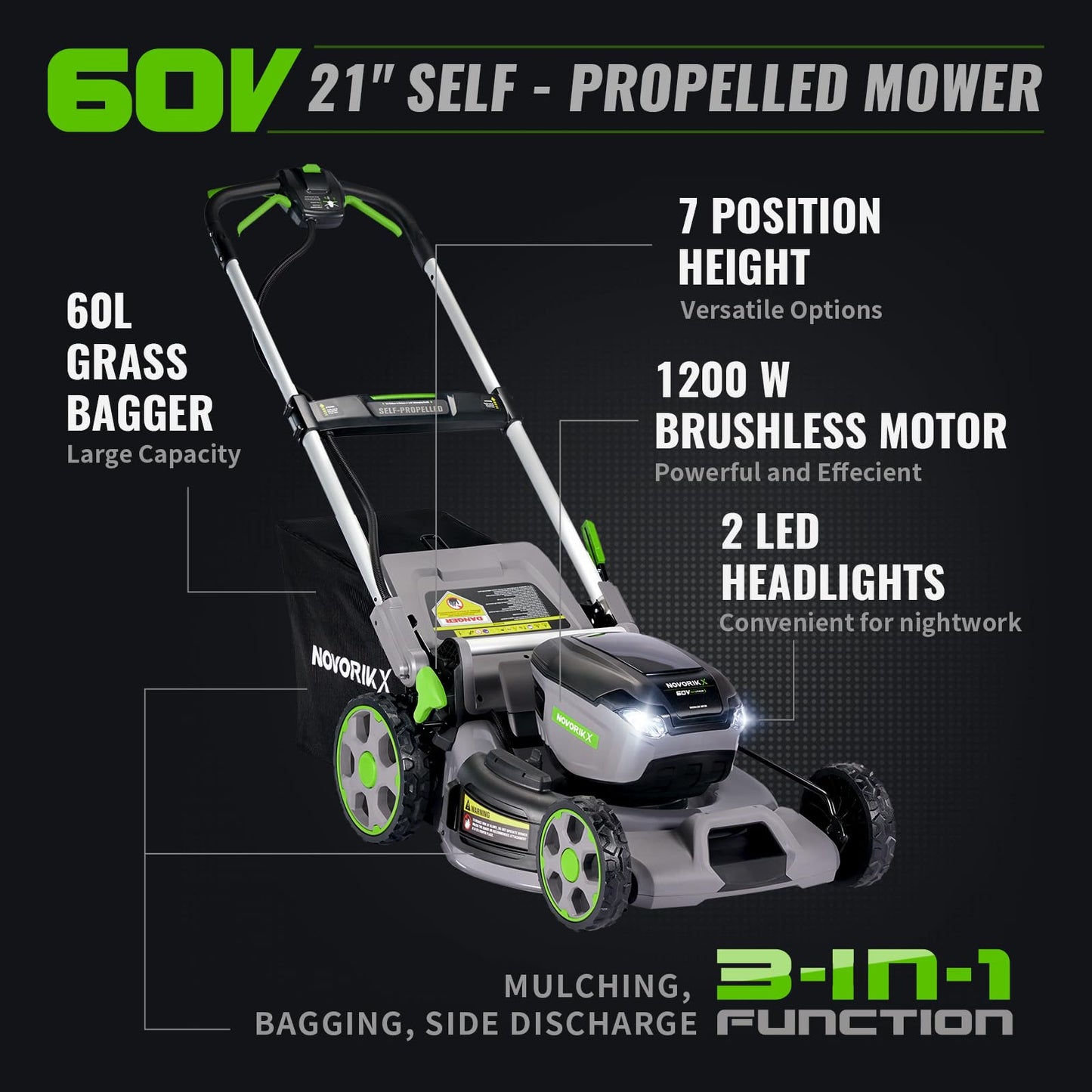 NovorikX 60V Self-Propelled Lawn Mower 21-Inch, Brushless Cordless Mower for Large Yards, Electric with LED Headlight, 5.0Ah Battery & Rapid Charger