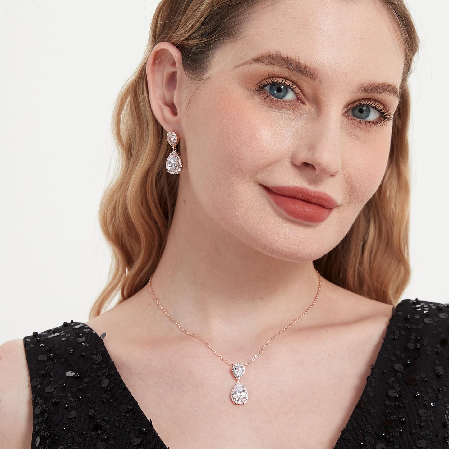 UDYLGOON Bridal Jewelry Set for Women, Cubic Zirconia Teardrop Bride Bridesmaid Necklace and Earrings Set for Wedding Prom Formal (Rose Gold Plated)